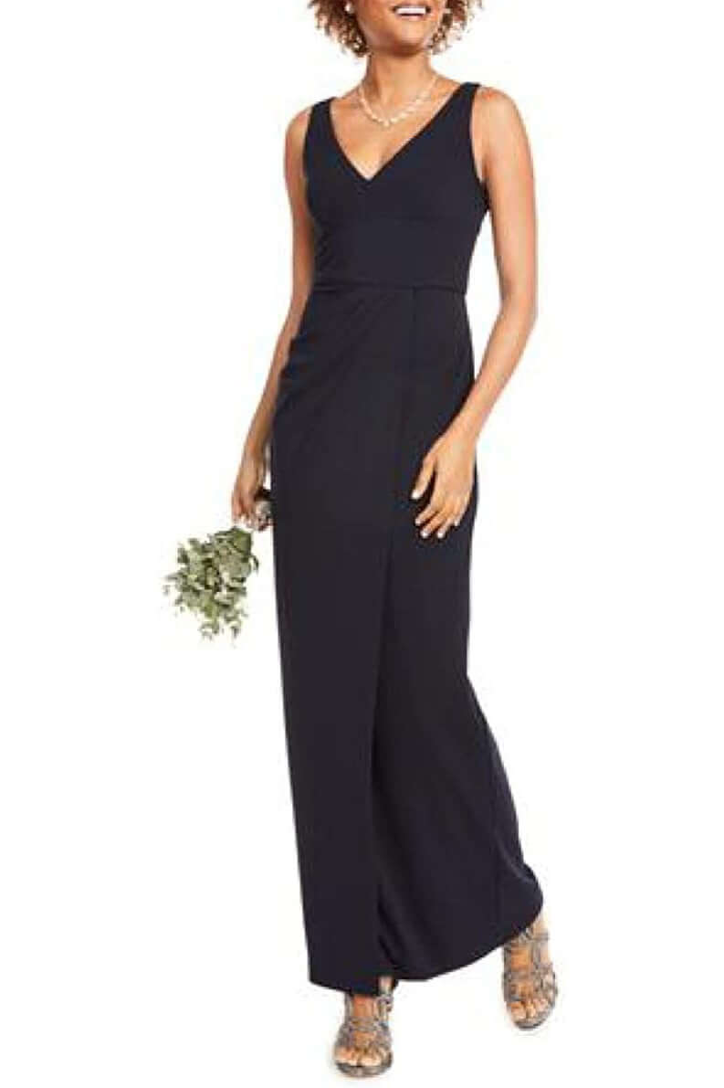 Adrianna Papell V-Neck Sleeveless Pleated Zipper Back Solid Crepe Dress - MIDNIGHT - SIDE