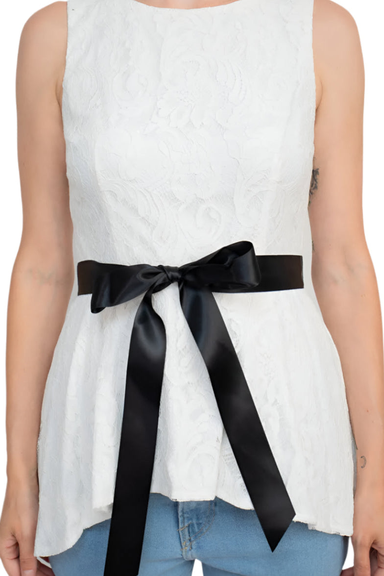 Adrianna Papell Boat Neck Sleeveless Tie Waist High Low Hem Lace Top - IVORY BLACK - Fabric