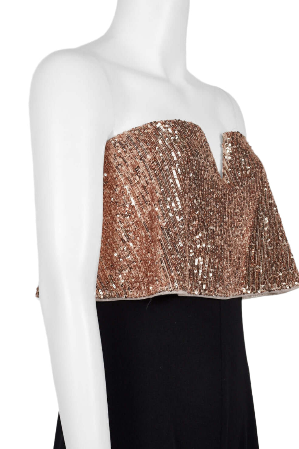 Adrianna Papell Strapless Popover Zipper Back Embellished Mesh Bodice Stretch Crepe Jumpsuit - ROSE GOLD BLACK - Neck View