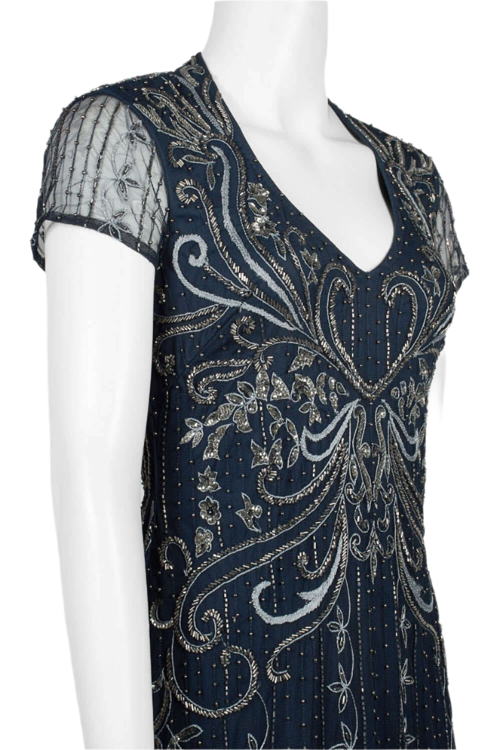 Adrianna Papell V-Neck Short Sleeve Godet Cutout Back Embellished Mesh Gown - MIDNIGHT - SIDE