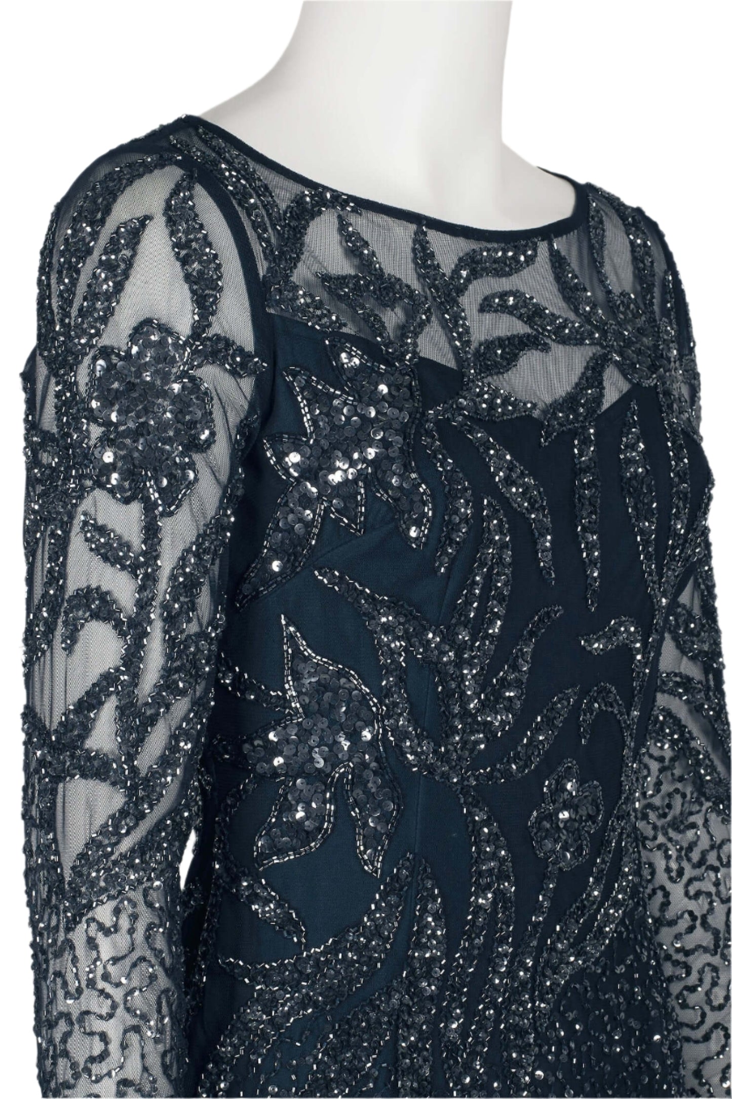 Adrianna Papell Boat Neck Long Sleeve Illusion Sequined Beaded Zipper Back Sheath Mesh Dress - MIDNIGHT - fabric