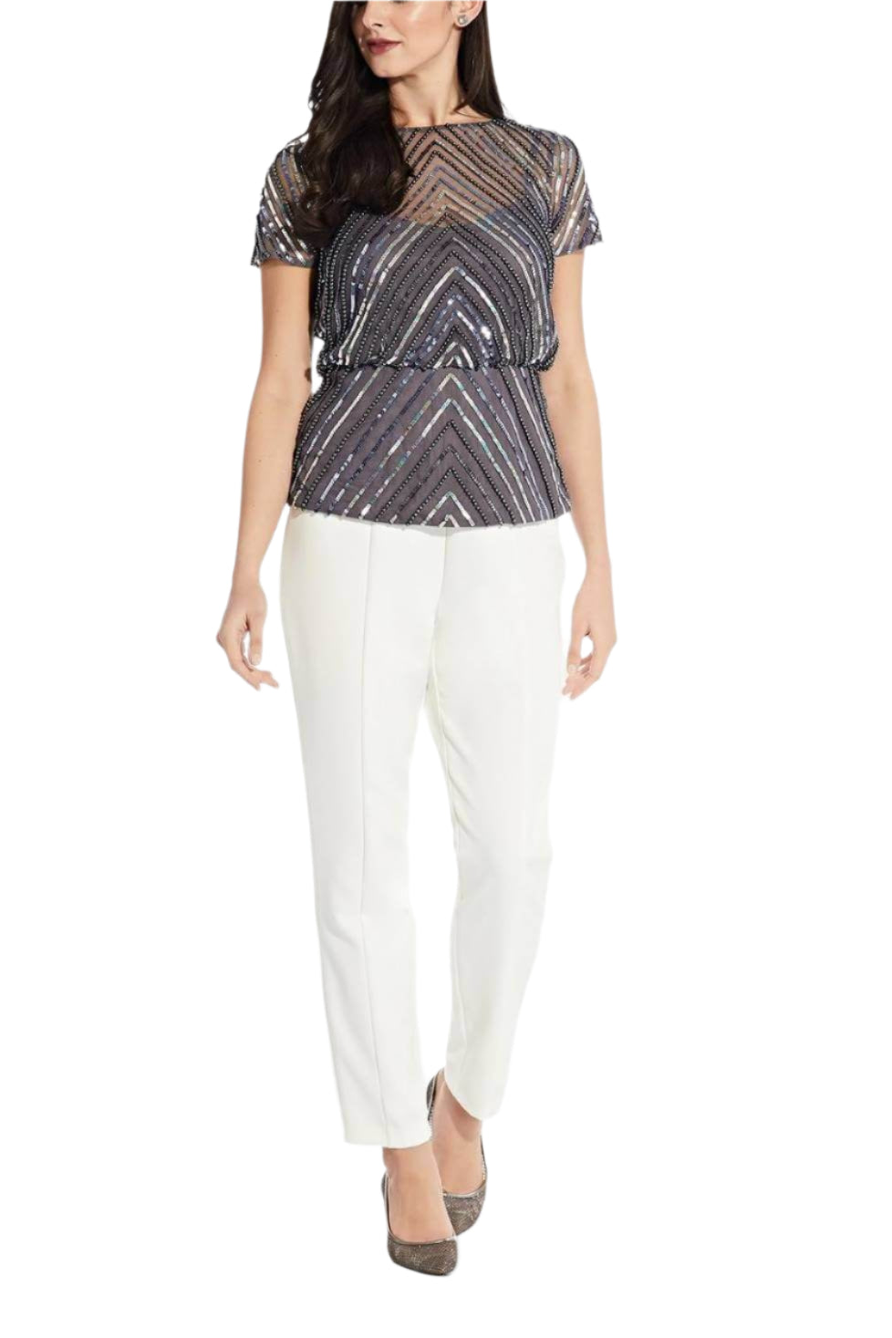 Adrianna Papell Bateau Neck Short Sleeve Blouson Illusion Zipper Back Beaded Mesh Top - MOONSCAPE - front full view