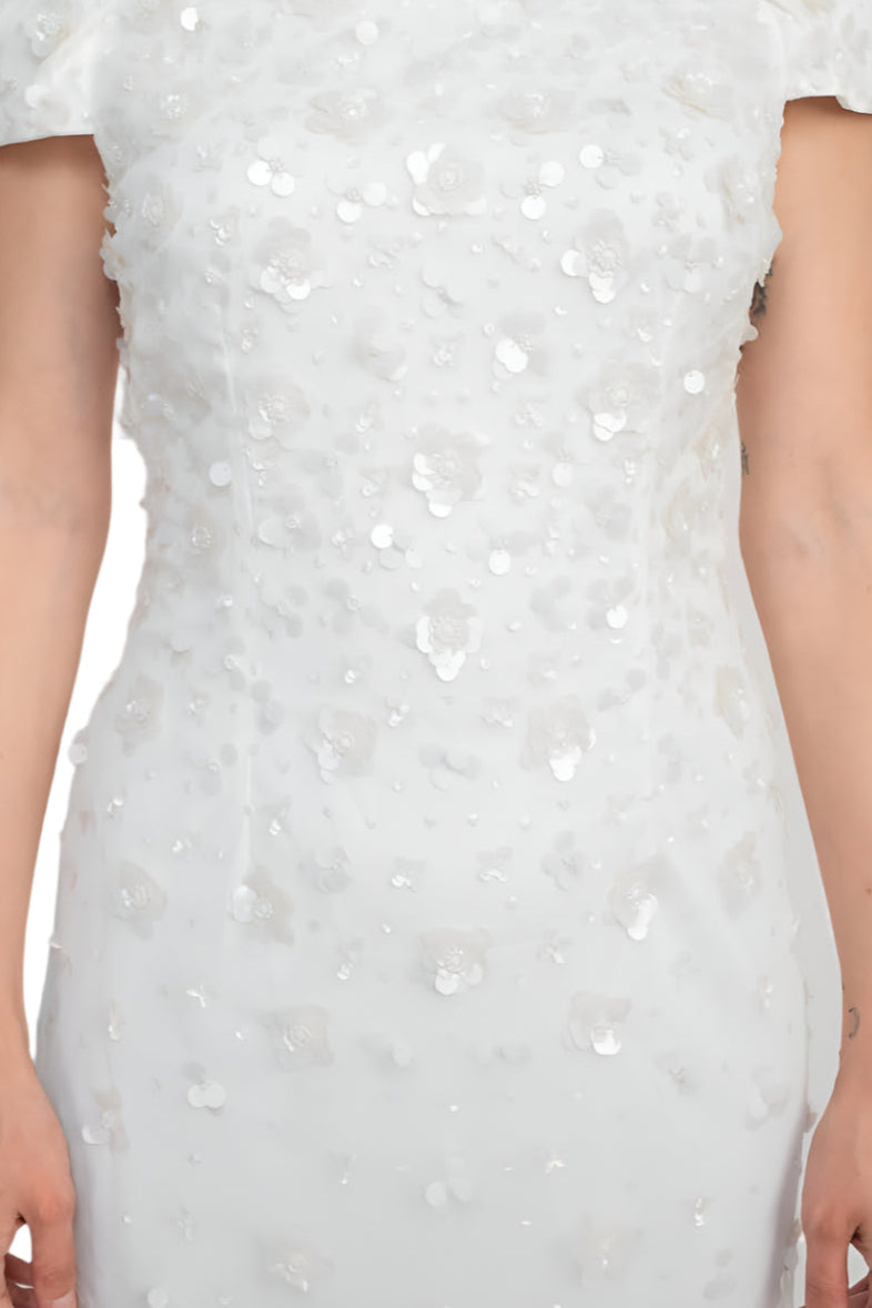 Adrianna Papell Off-Shoulder Zipper Back Sequined Beaded Column Mesh Gown - IVORY - Fabric