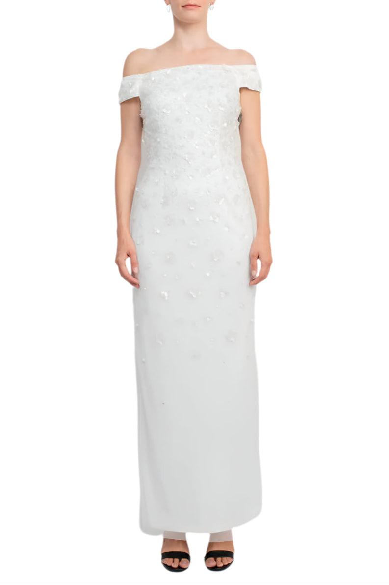 Adrianna Papell Off-Shoulder Zipper Back Sequined Beaded Column Mesh Gown - IVORY - Front