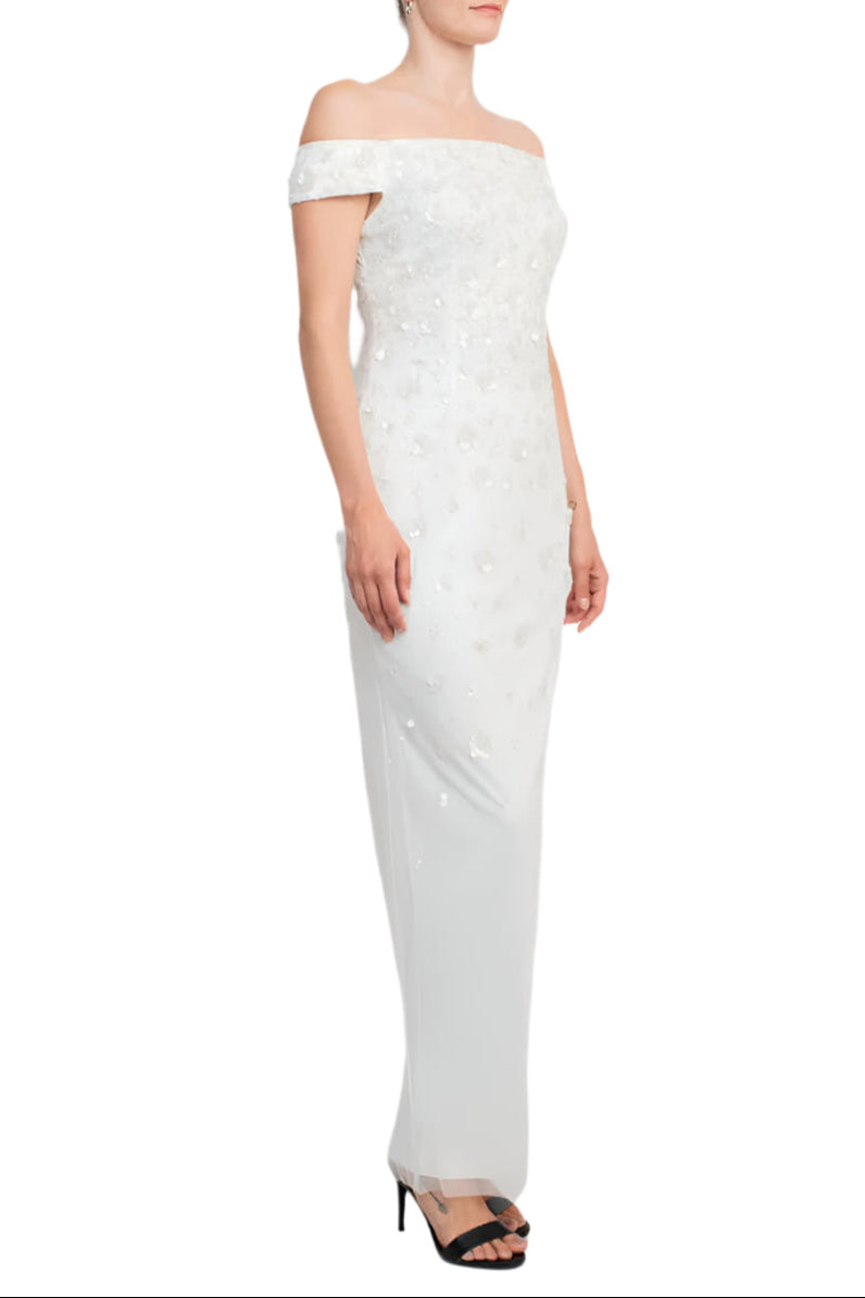 Adrianna Papell Off-Shoulder Zipper Back Sequined Beaded Column Mesh Gown - IVORY - Side