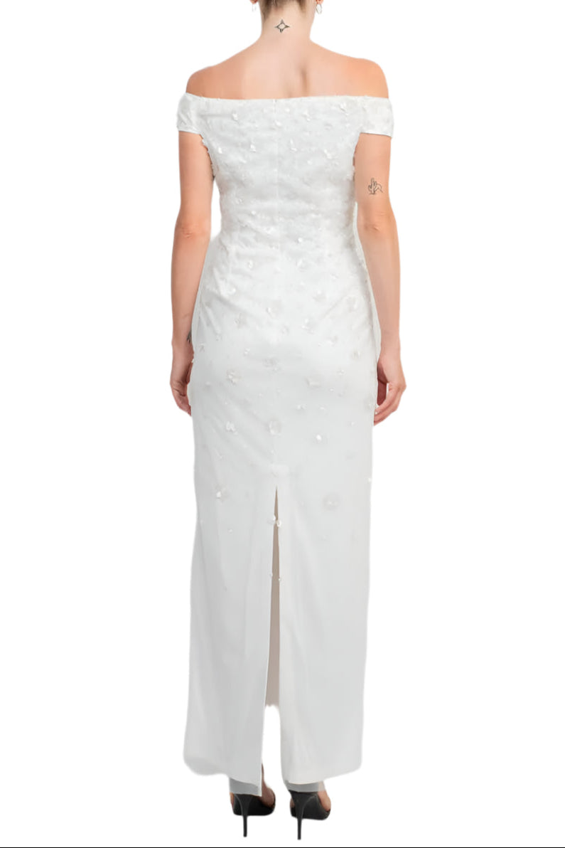 Adrianna Papell Off-Shoulder Zipper Back Sequined Beaded Column Mesh Gown - IVORY - Back