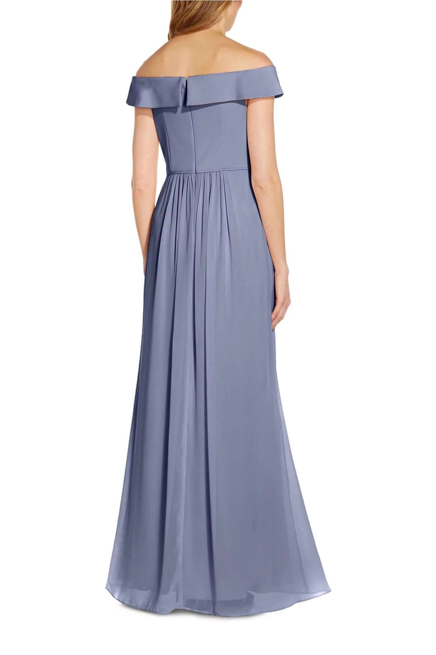 Adrianna Papell Off Shoulder Zipper Back Ruched Piping Detail Crepe Chiffon Gown - DUSTY BLUE - Back