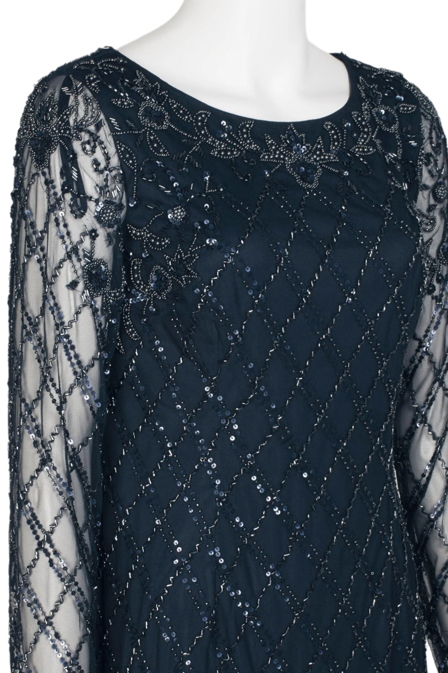 Adrianna Papell Scoop Neck Illusion Long Sleeve Sequined Beaded Zipper Back Shift Mesh Dress - MIDNIGHT - Side