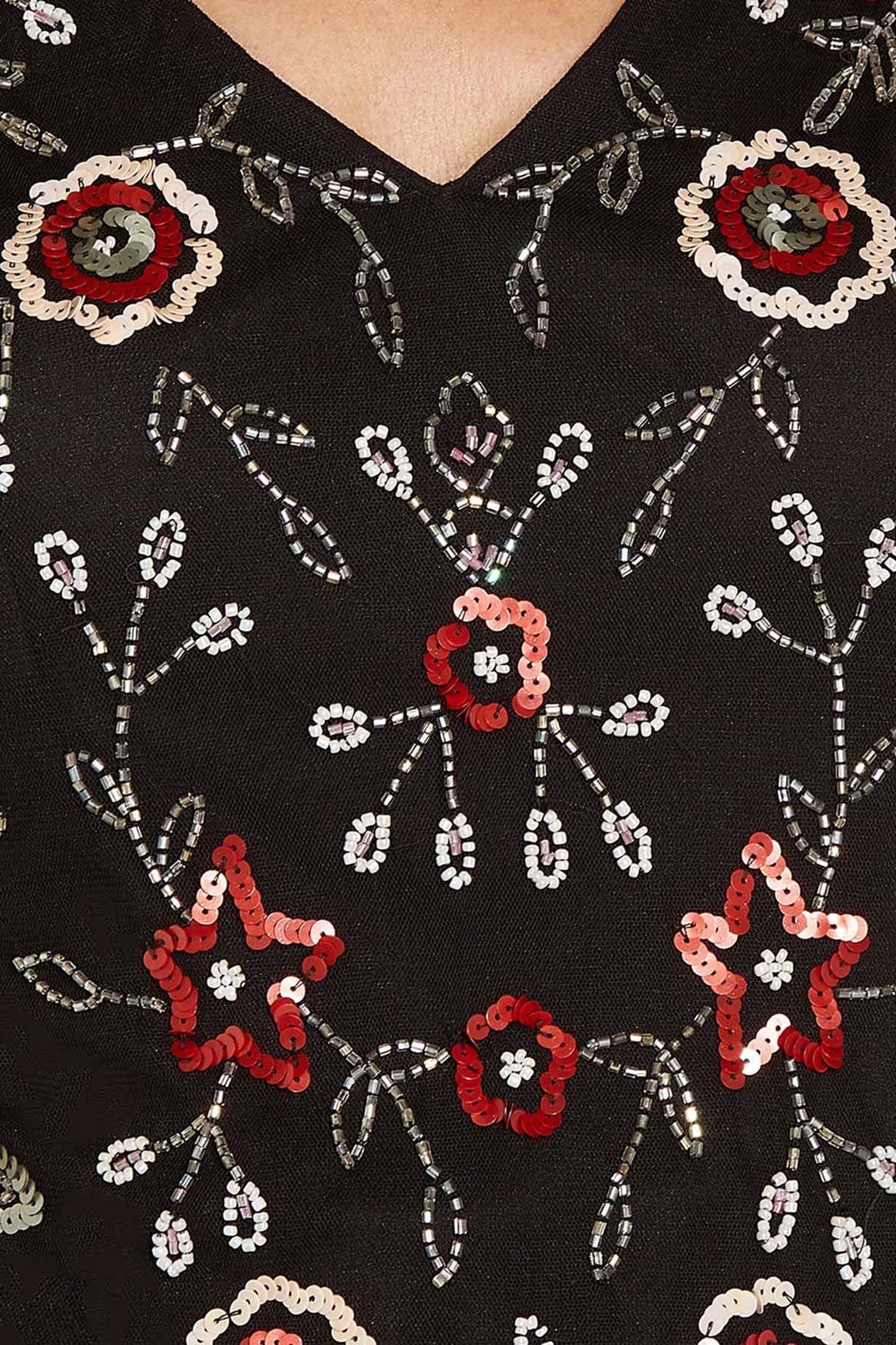 Adrianna Papell V-Neck Illusion Short Sleeves Beaded Sequined Mesh Blouse - BLACK MULTI - Fabric