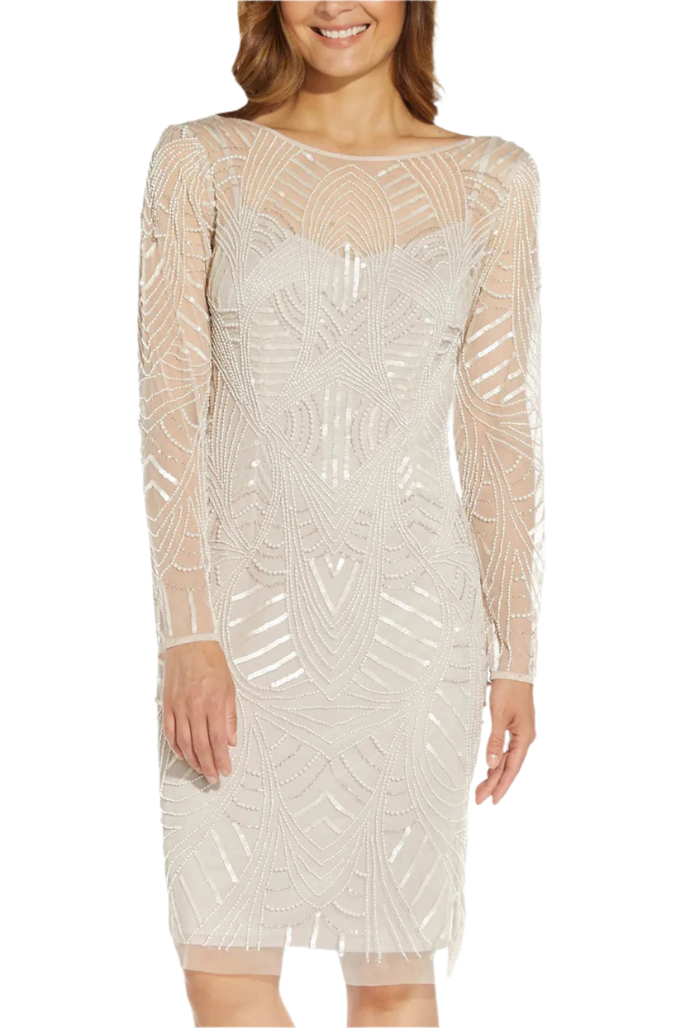 Adrianna Papell Illusion Boat Neck Long Sleeve Embellished Zipper Back Mesh Dress - BISCOTTI - front view