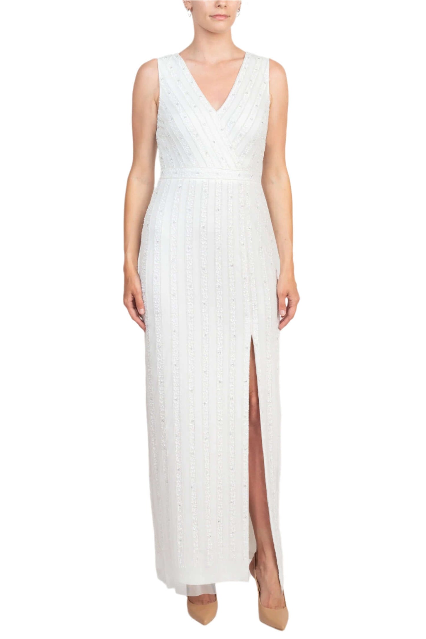 Adrianna Papell V-Neck Beaded & Sequined Sleeveless Banded Waist Slit Front Zipper Back Mesh Dress - IVORY - front