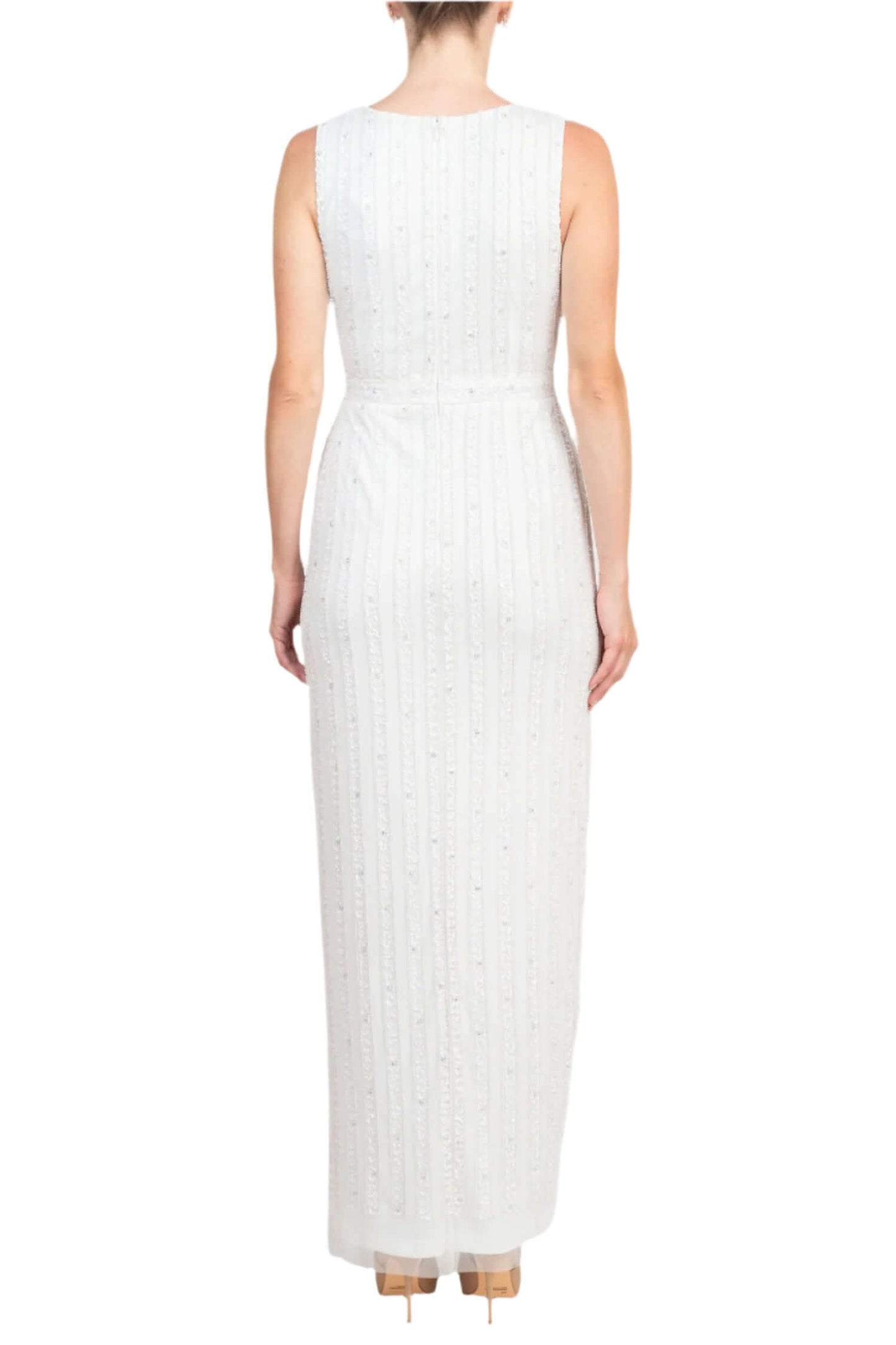 Adrianna Papell V-Neck Beaded & Sequined Sleeveless Banded Waist Slit Front Zipper Back Mesh Dress - IVORY - back