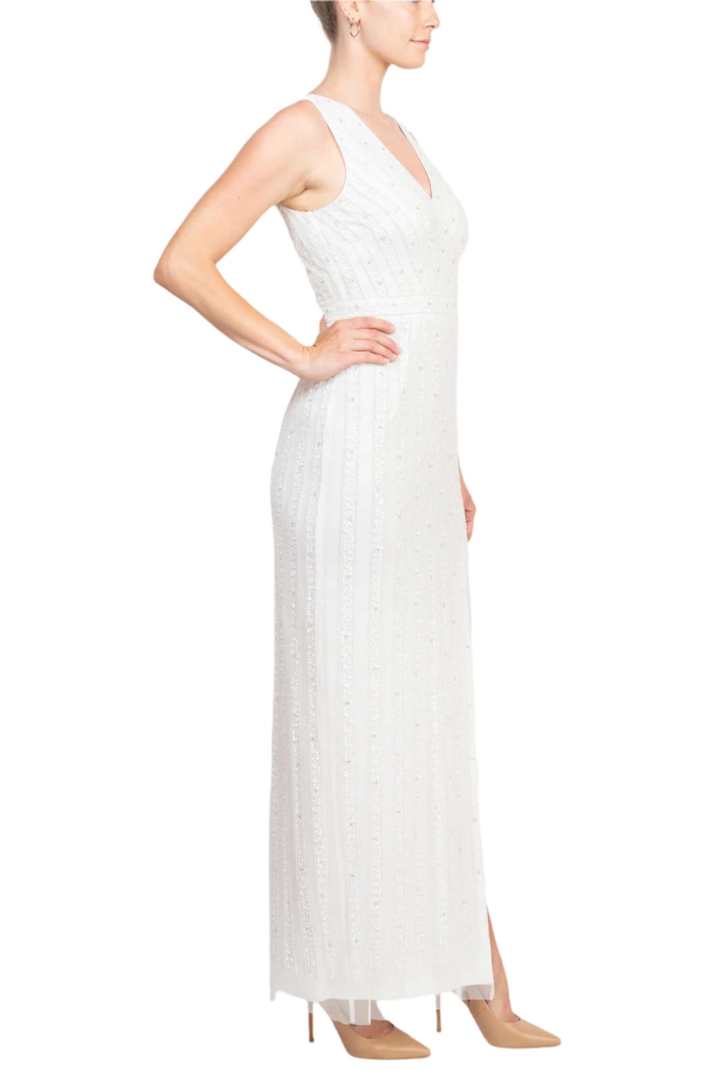 Adrianna Papell V-Neck Beaded & Sequined Sleeveless Banded Waist Slit Front Zipper Back Mesh Dress - IVORY -  side
