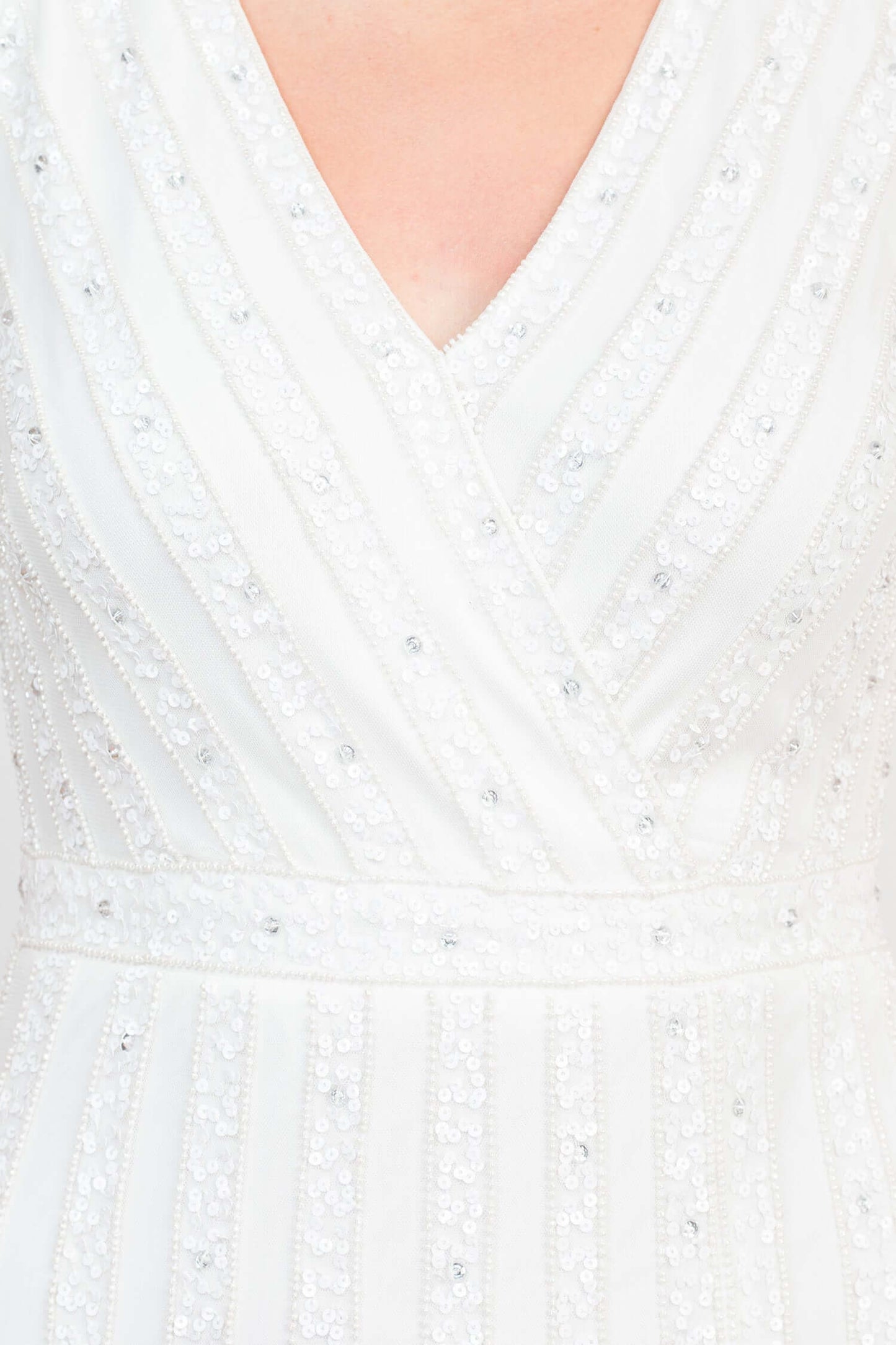 Adrianna Papell V-Neck Beaded & Sequined Sleeveless Banded Waist Slit Front Zipper Back Mesh Dress - IVORY -  neck detailed view