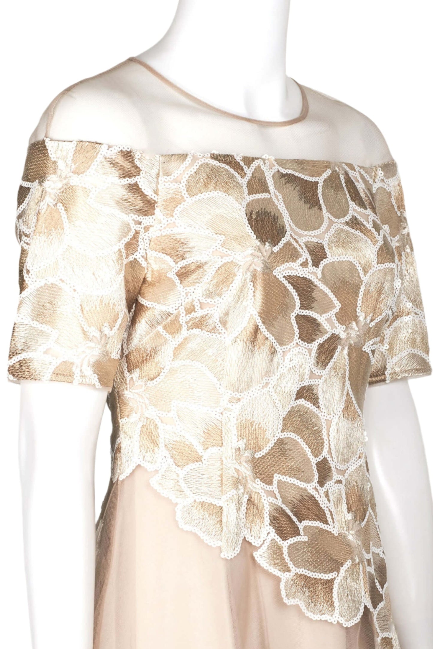 Adrianna Papell Crew Neck Illusion Short Sleeve Embroidered Sequined Zipper Back A-Line High Low Hem Mesh Dress - CHAMPAGNE IVORY - Neck View