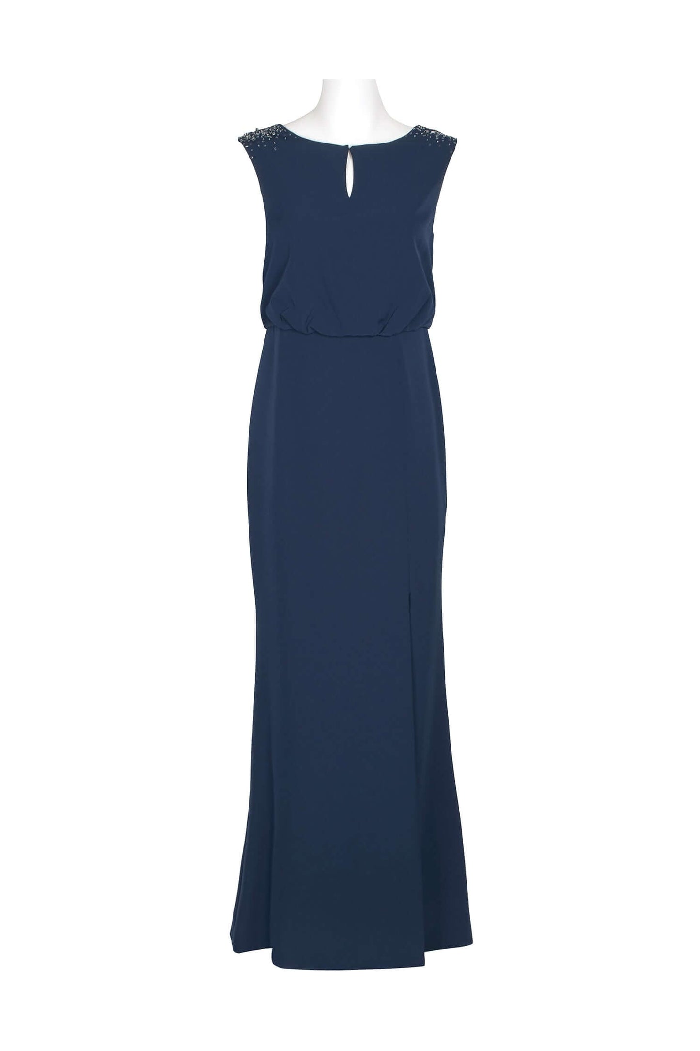 Adrianna Papell Boat Neck Keyhole Front Sleeveless Embellished Shoulder Blouson Pleated Zipper Back Slit Front Crepe Gown - NAVY - Front