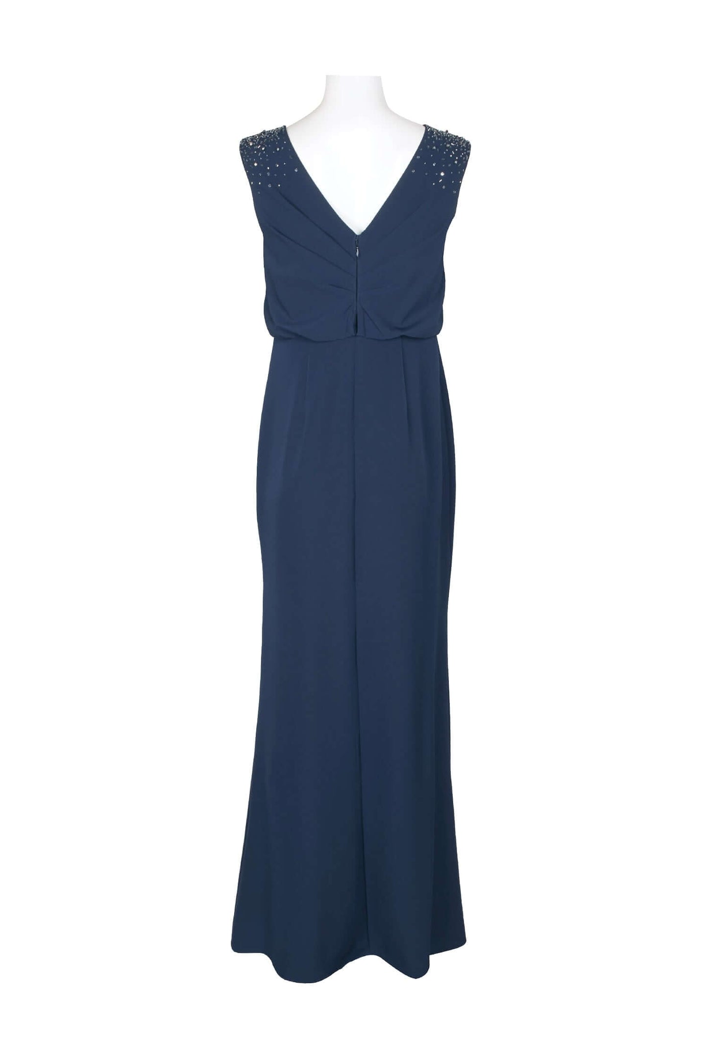 Adrianna Papell Boat Neck Keyhole Front Sleeveless Embellished Shoulder Blouson Pleated Zipper Back Slit Front Crepe Gown - NAVY - Back