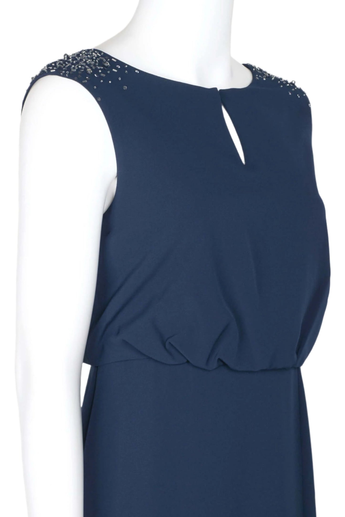 Adrianna Papell Boat Neck Keyhole Front Sleeveless Embellished Shoulder Blouson Pleated Zipper Back Slit Front Crepe Gown - NAVY - Neck View