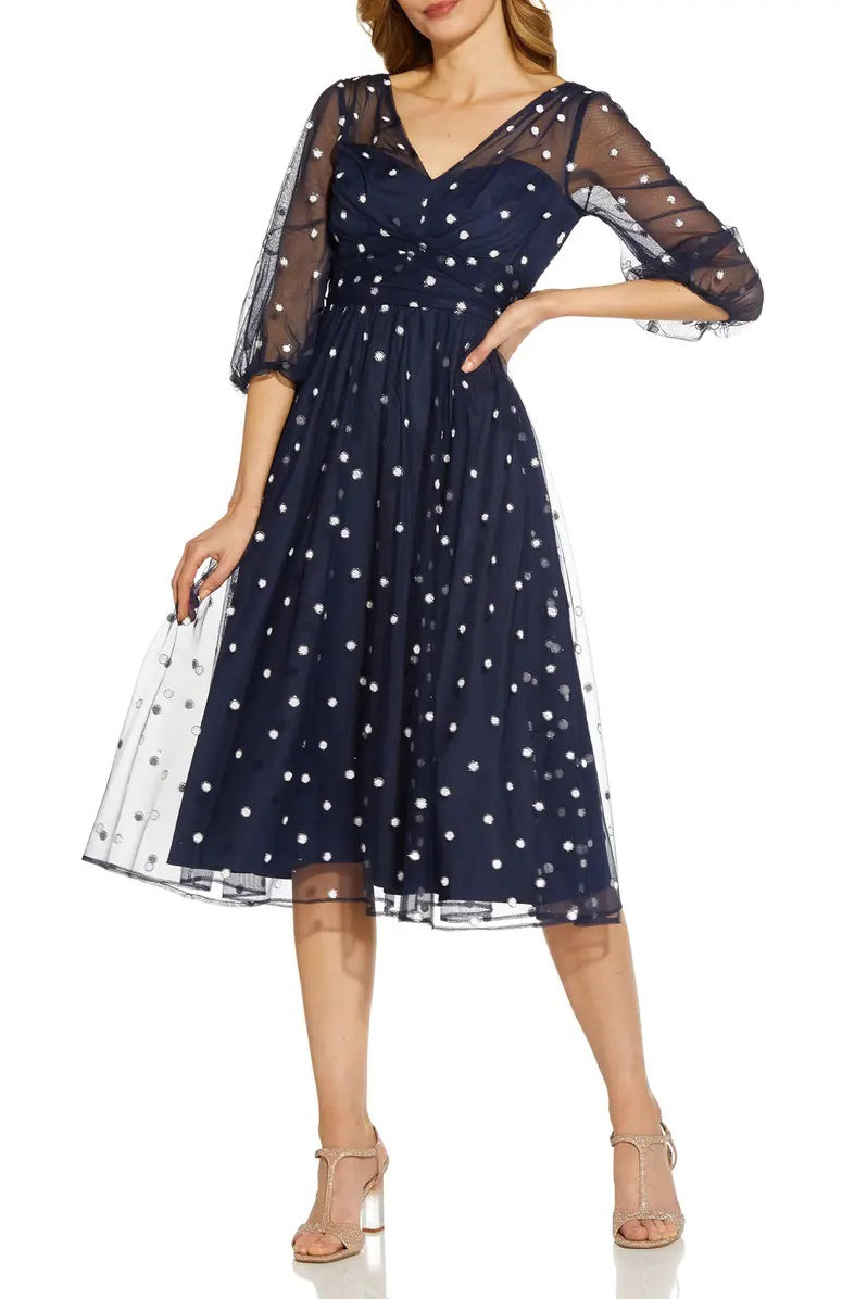 Adrianna Papell Surplice V-Neck Back Zipper 3/4 Sleeves Beaded Midi Dress - NAVY - Front