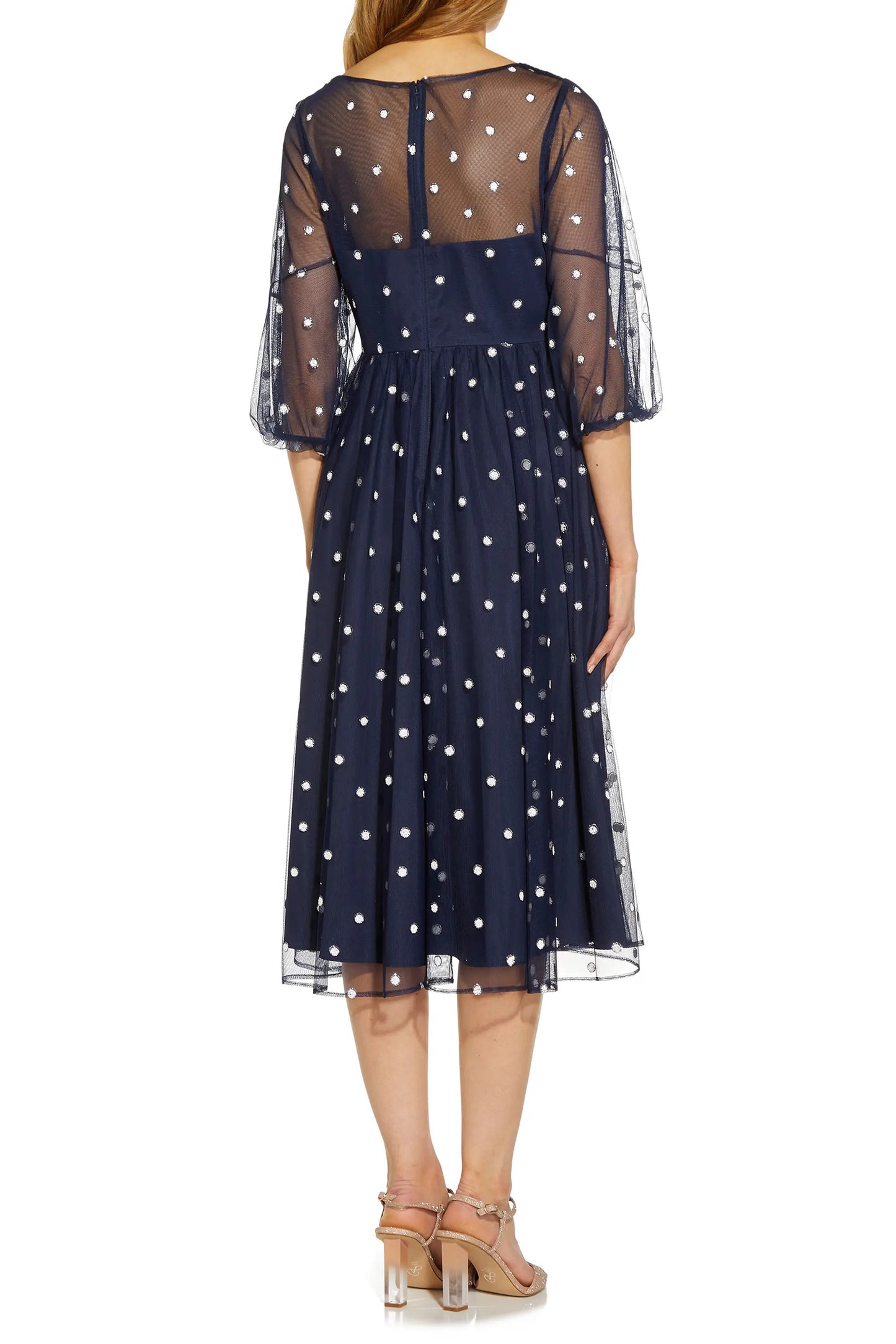 Adrianna Papell Surplice V-Neck Back Zipper 3/4 Sleeves Beaded Midi Dress - NAVY - Back