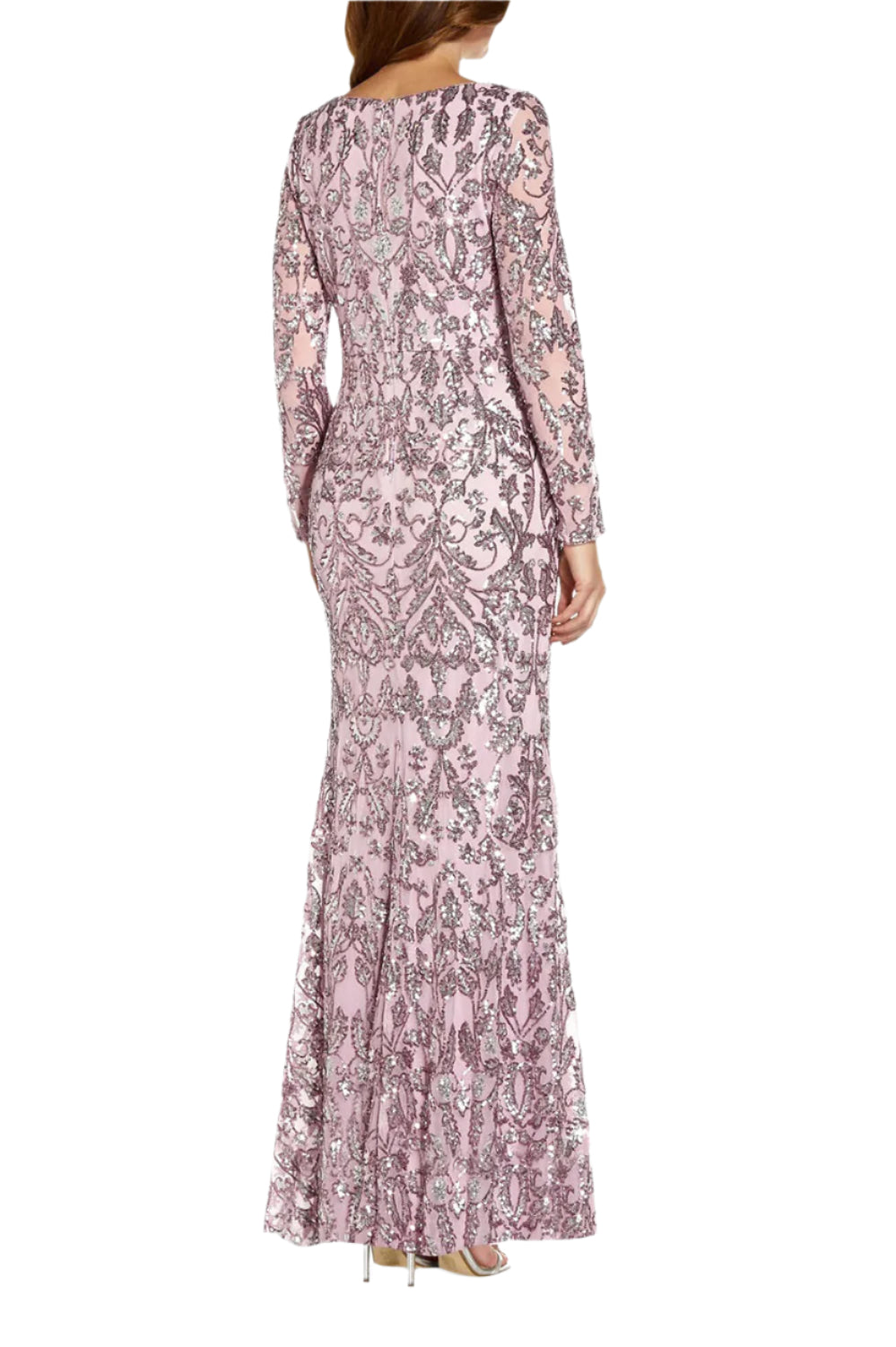 Adrianna Papell V-Neck Long Sleeve Mermaid Sequined Mesh Knit Gown - SMOKY ROSE - back