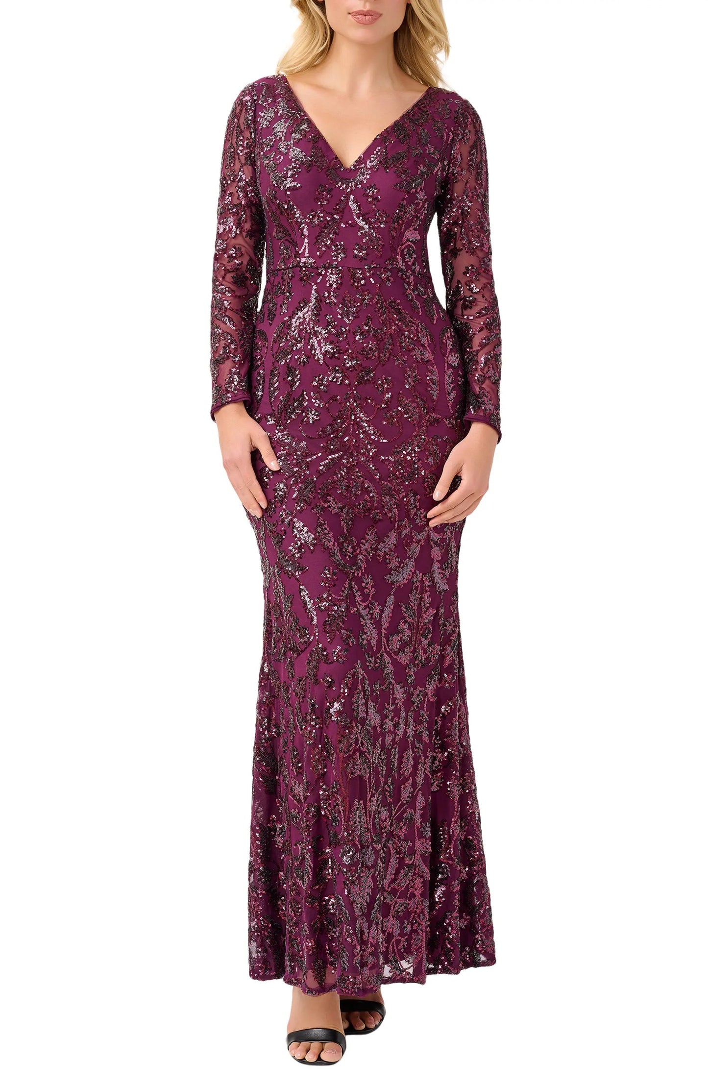Adrianna Papell V-Neck Long Sleeve Mermaid Sequined Mesh Knit Gown - CASSIS - front