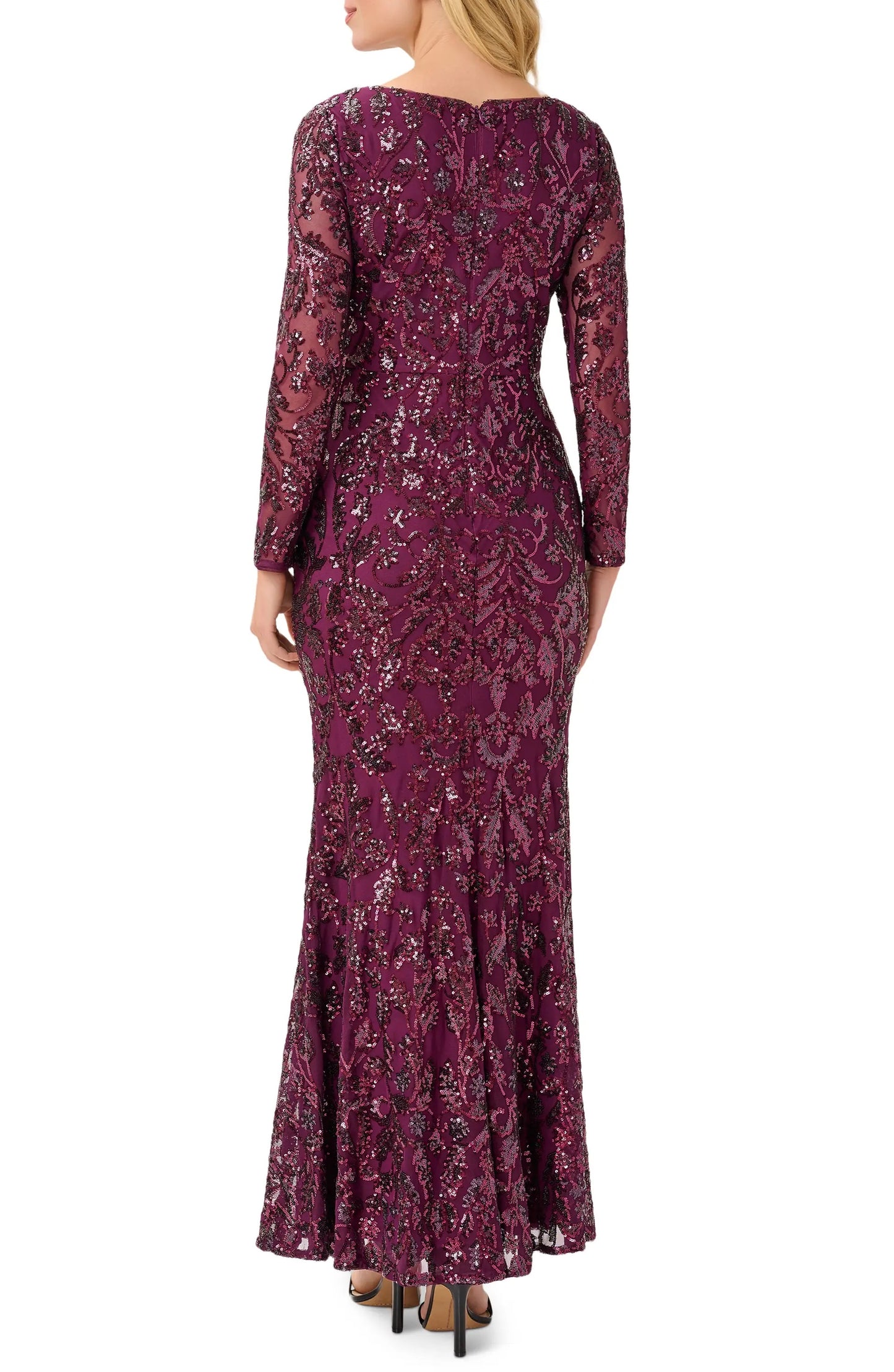 Adrianna Papell V-Neck Long Sleeve Mermaid Sequined Mesh Knit Gown - CASSIS - back