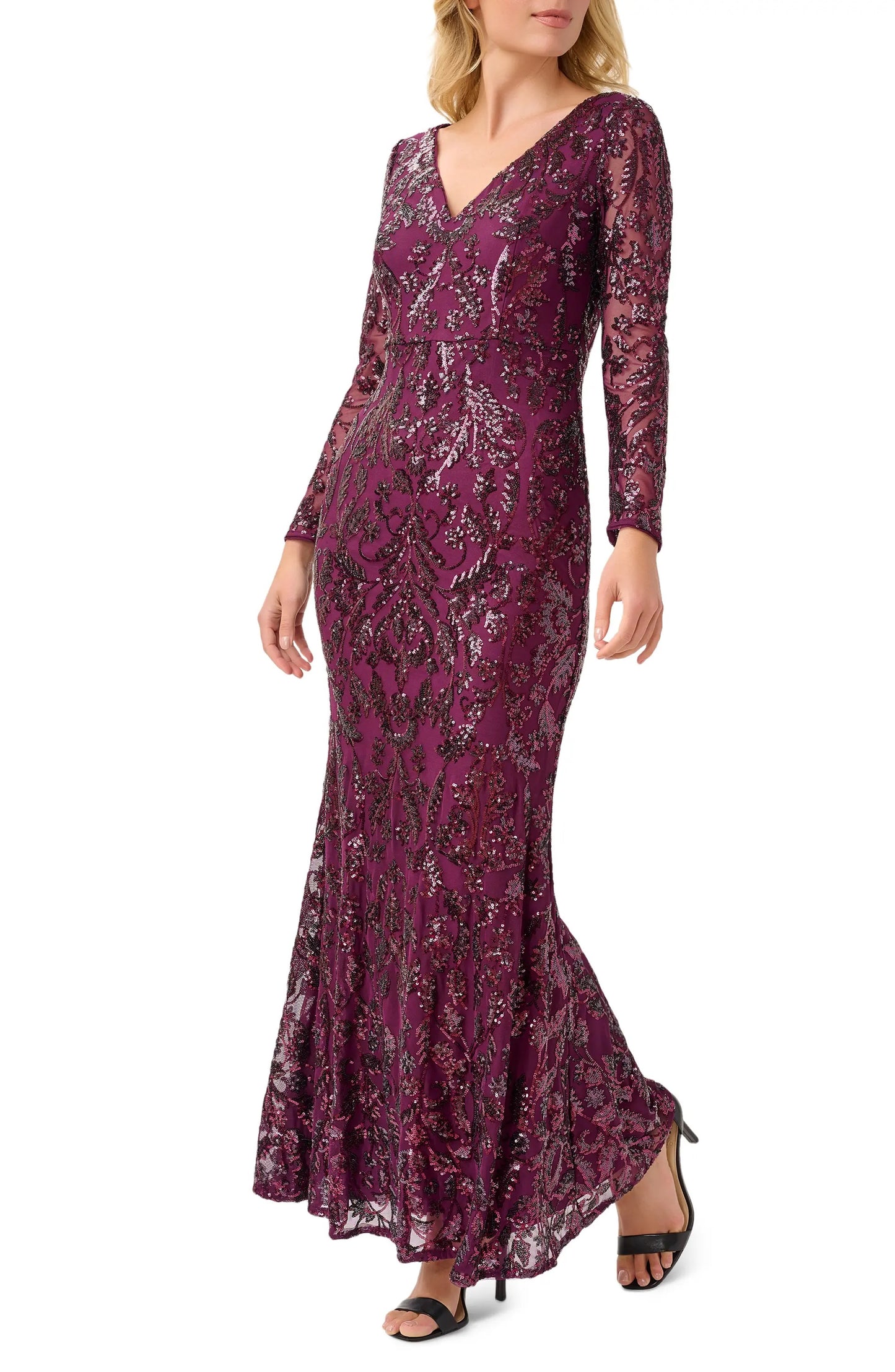 Adrianna Papell V-Neck Long Sleeve Mermaid Sequined Mesh Knit Gown - CASSIS - side