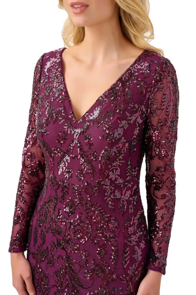 Adrianna Papell V-Neck Long Sleeve Mermaid Sequined Mesh Knit Gown - CASSIS - fabric