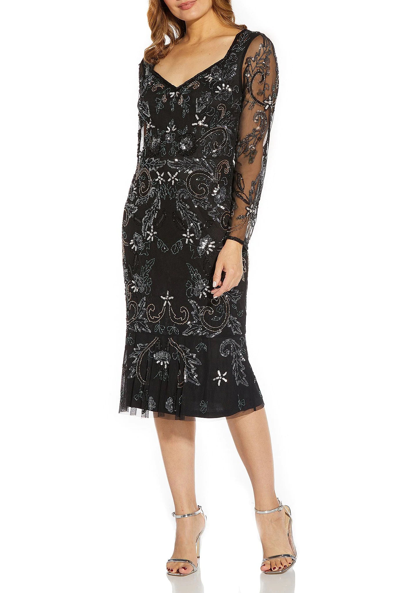 Adrianna Papell Sweetheart Neck Back Zipper Long Sleeves Beaded Midi Dress - BLACK MULTI - Front