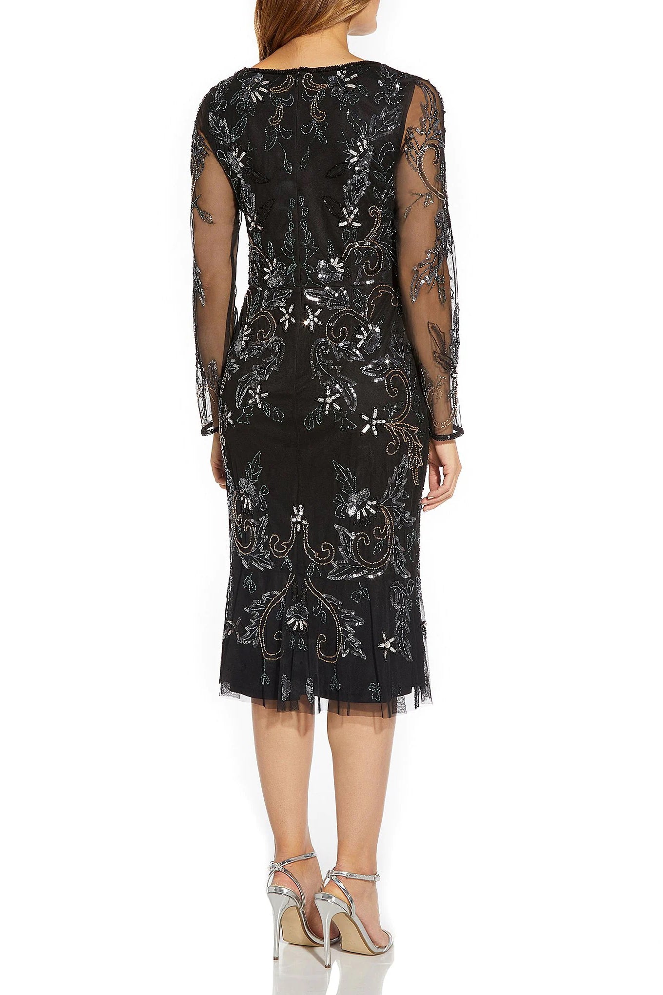 Adrianna Papell Sweetheart Neck Back Zipper Long Sleeves Beaded Midi Dress - BLACK MULTI - Back
