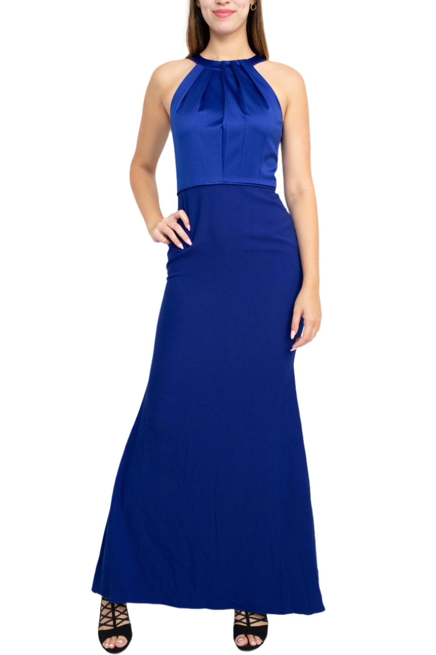 Adrianna Papell Halter Neck Sleeveless Empire Waist Tie Back Zipper Back Column Solid Crepe Dress - ELECTRIC BLUE - Front