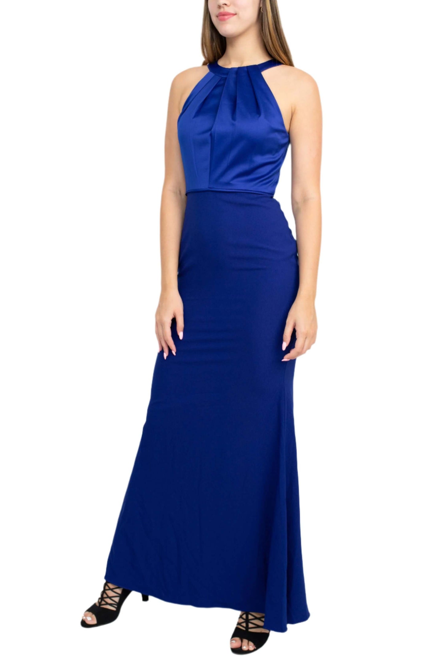 Adrianna Papell Halter Neck Sleeveless Empire Waist Tie Back Zipper Back Column Solid Crepe Dress - ELECTRIC BLUE - Side