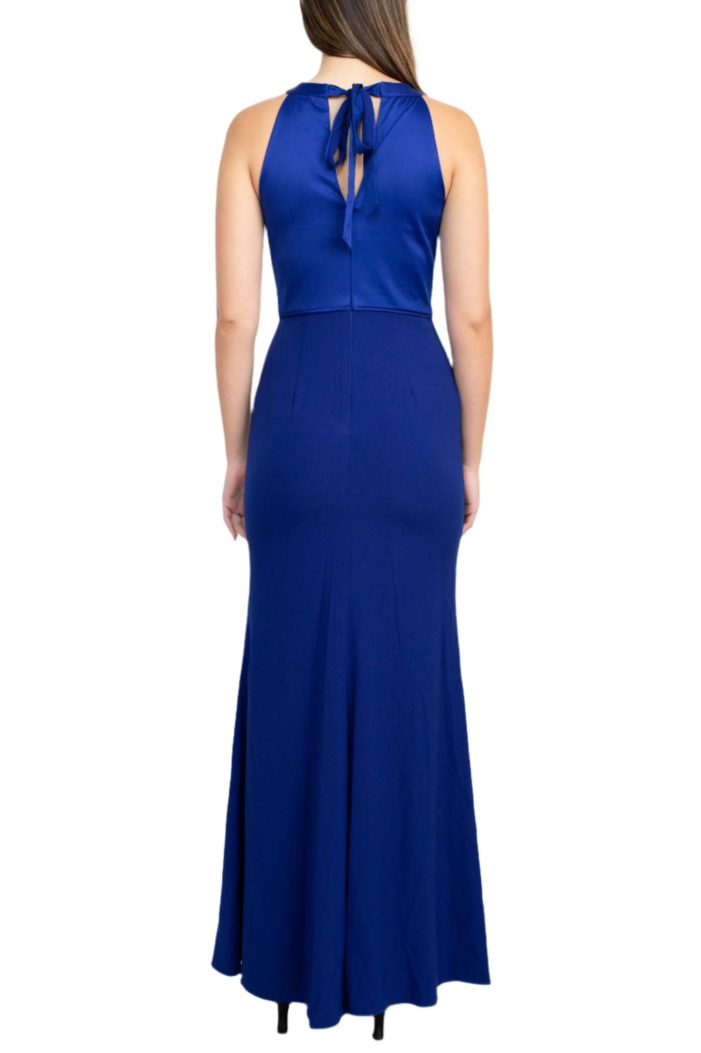 Adrianna Papell Halter Neck Sleeveless Empire Waist Tie Back Zipper Back Column Solid Crepe Dress - ELECTRIC BLUE - Back