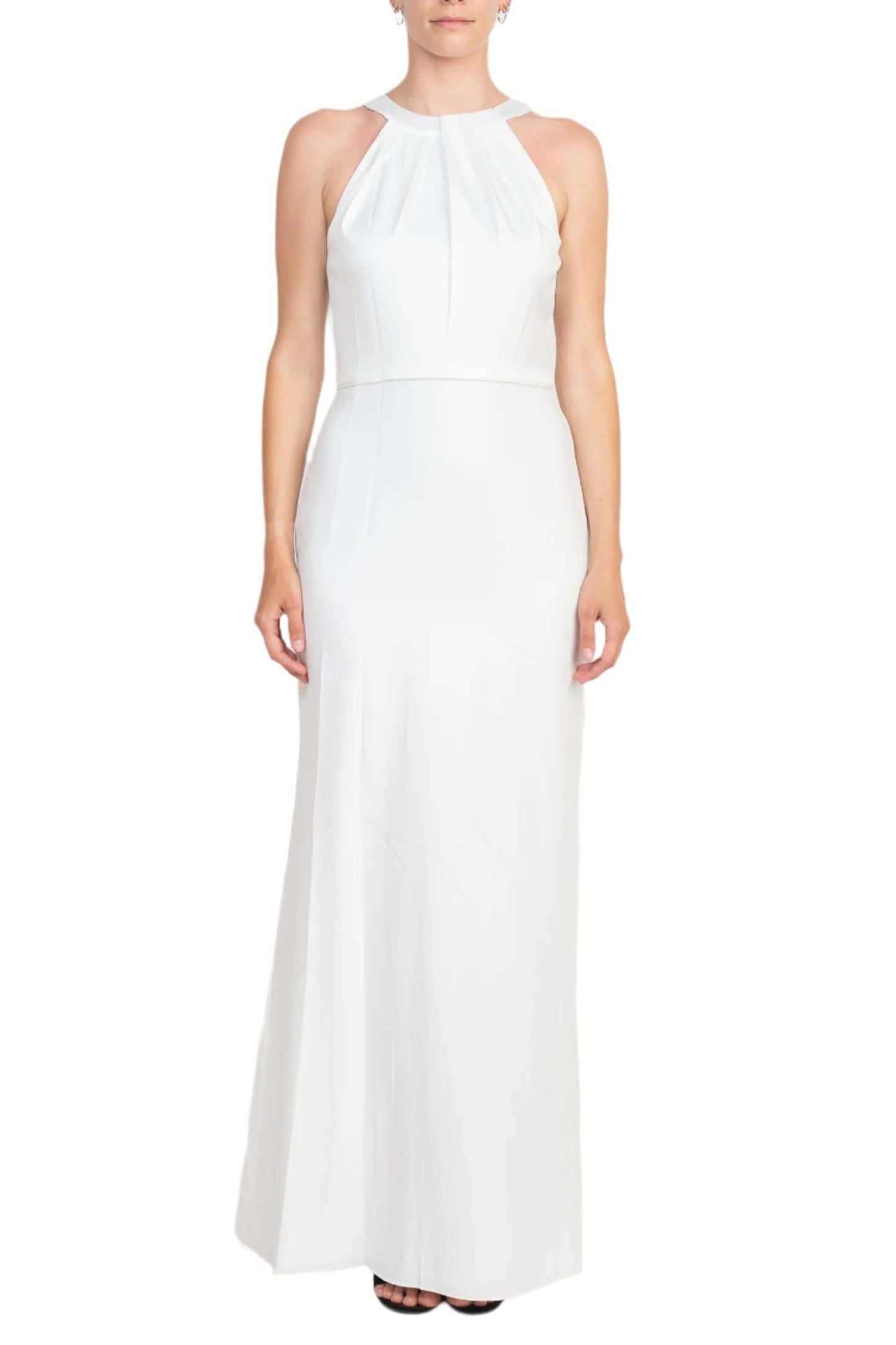 Adrianna Papell Halter Neck Sleeveless Empire Waist Tie Back Zipper Back Column Solid Crepe Dress - IVORY - Front