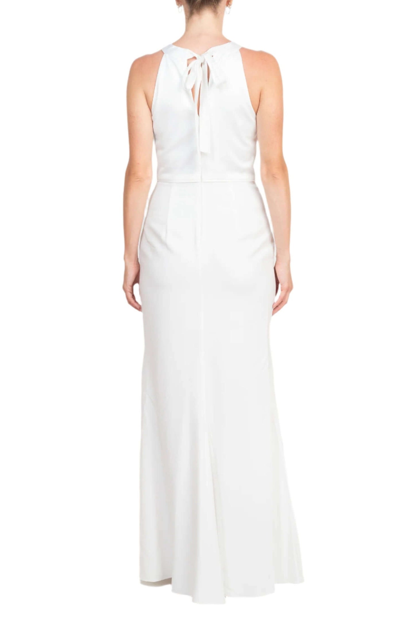 Adrianna Papell Halter Neck Sleeveless Empire Waist Tie Back Zipper Back Column Solid Crepe Dress - IVORY - Back