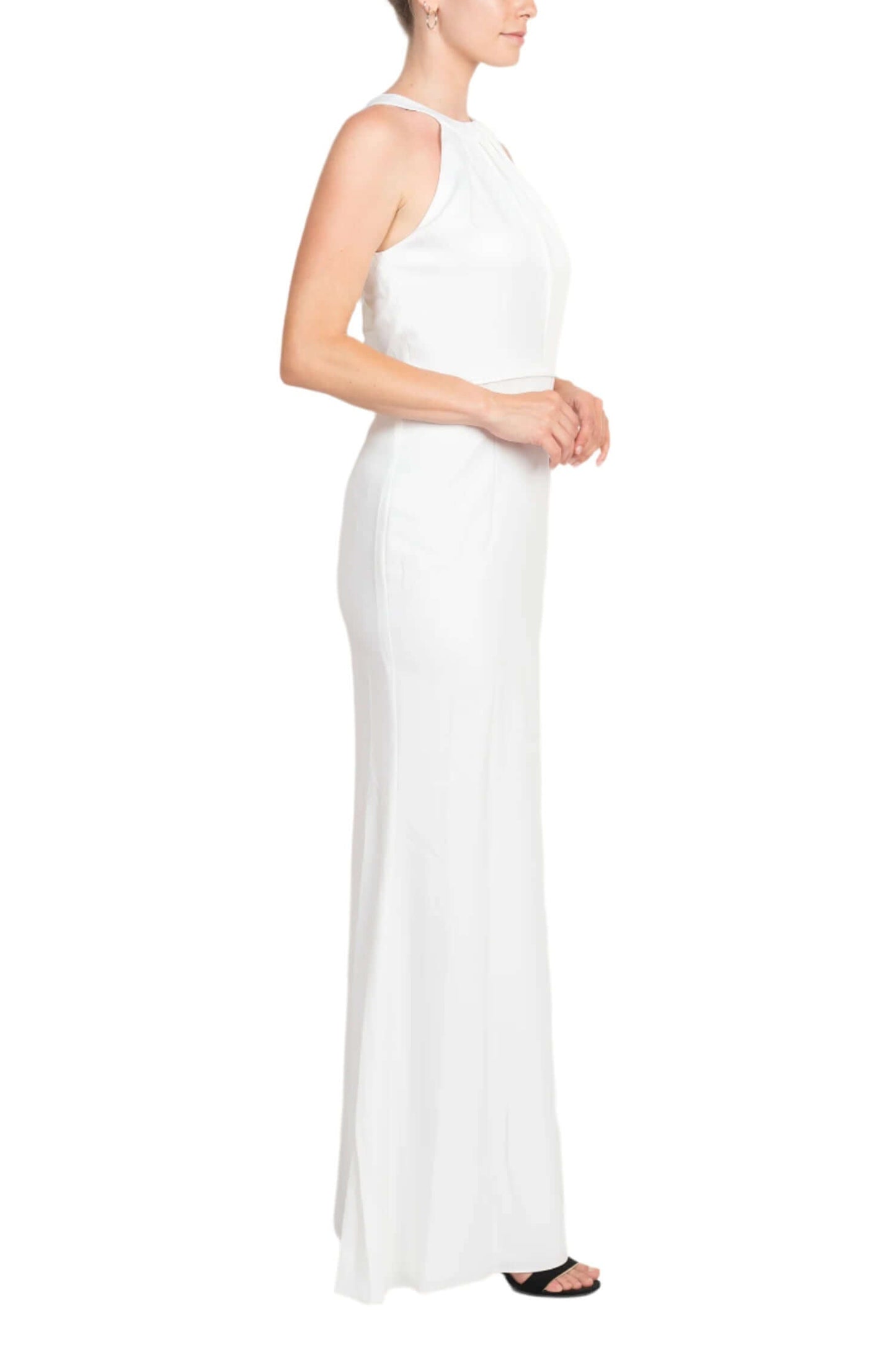 Adrianna Papell Halter Neck Sleeveless Empire Waist Tie Back Zipper Back Column Solid Crepe Dress - IVORY - Side