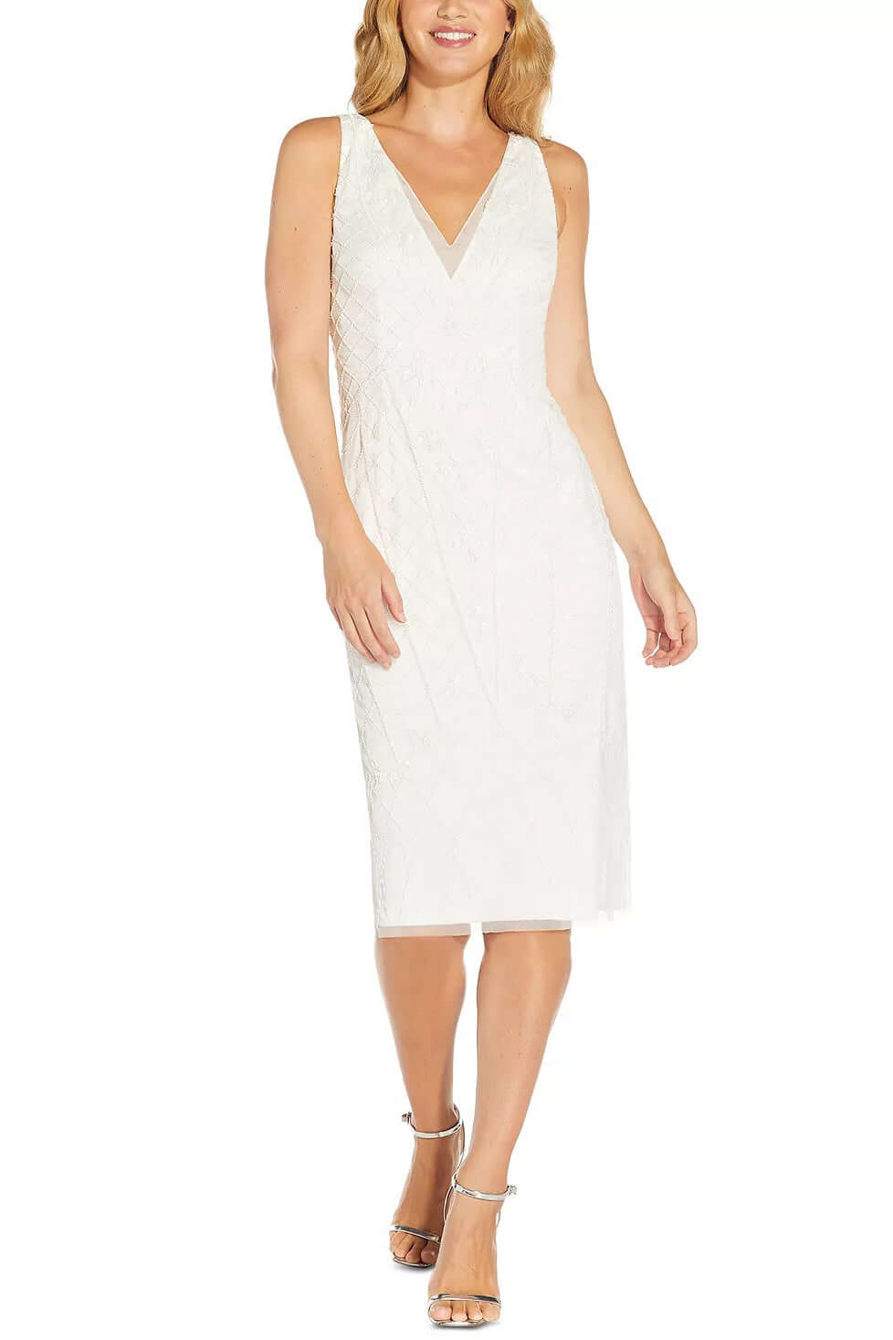 Adrianna Papell V-Neck Sleeveless Zipper Back Sheath Sequined Beaded Mesh Dress - IVORY - front