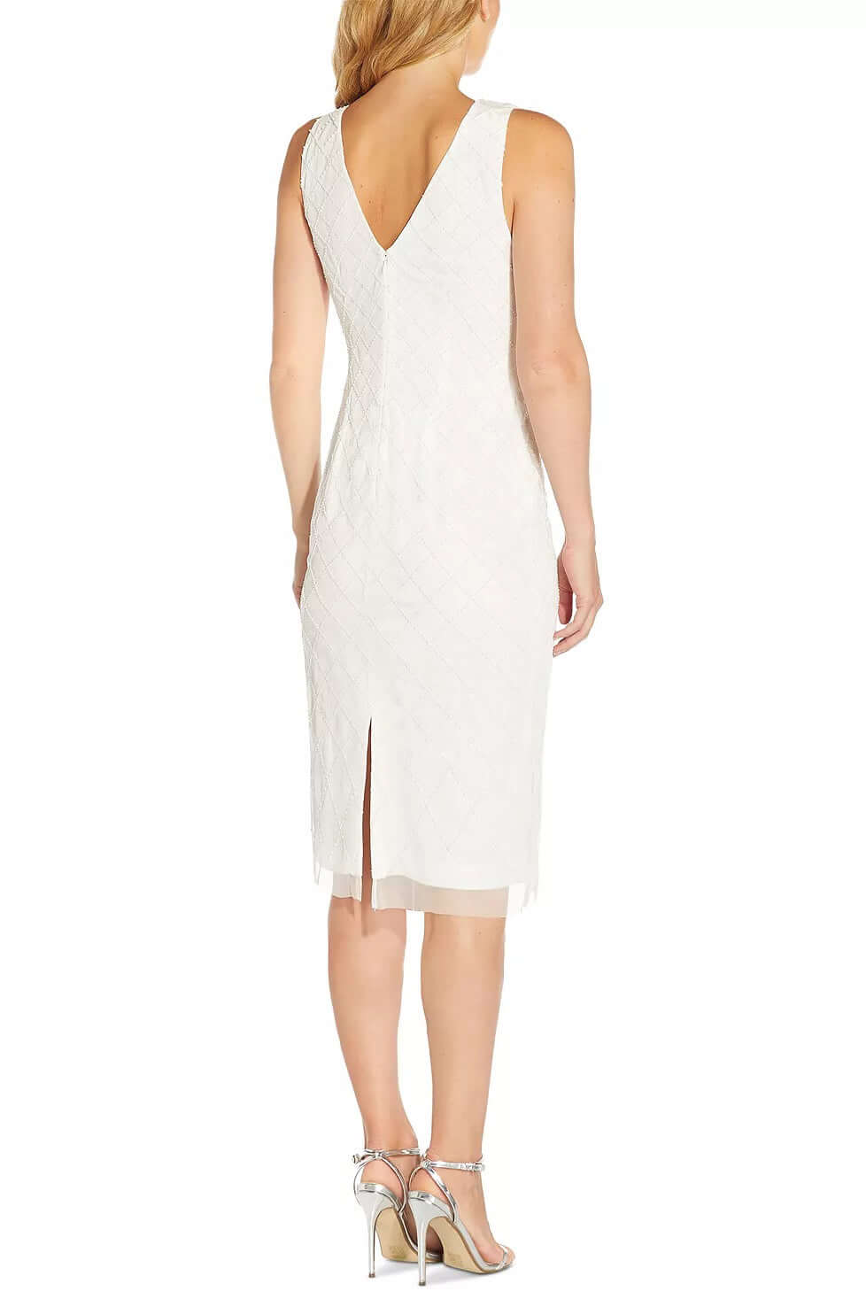 Adrianna Papell V-Neck Sleeveless Zipper Back Sheath Sequined Beaded Mesh Dress - IVORY - back