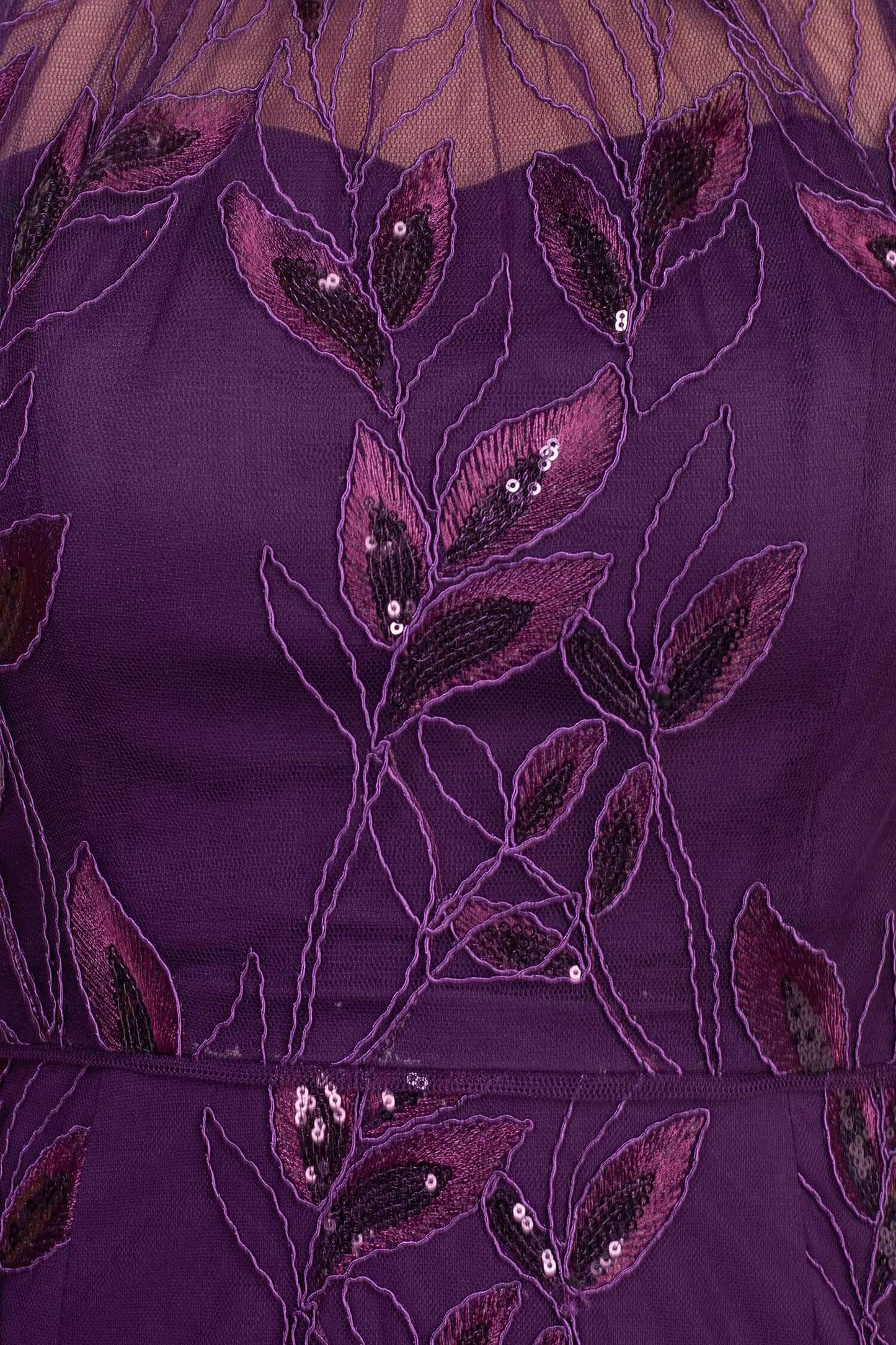 Adrianna Papell Ruffled Halter Neck Sleeveless Embroidered Empire Waist Zipper Back Slit Back Mesh Gown - BLACK PLUM - Fabric