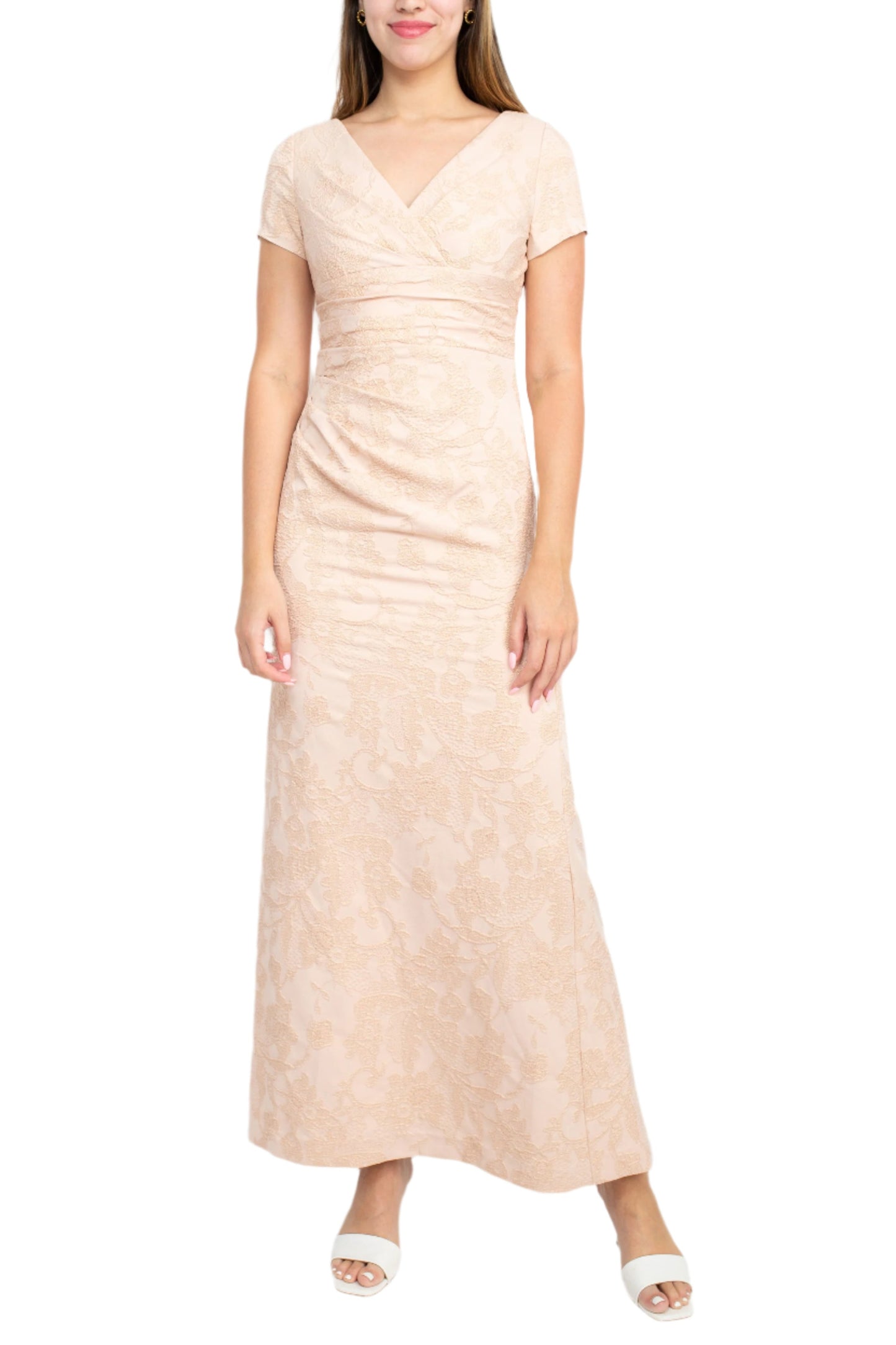 Adrianna Papell V-Neck Short Sleeve Pleated Gathered Side Zipper Back Matelasse Dress - BLUSH GOLD - Front