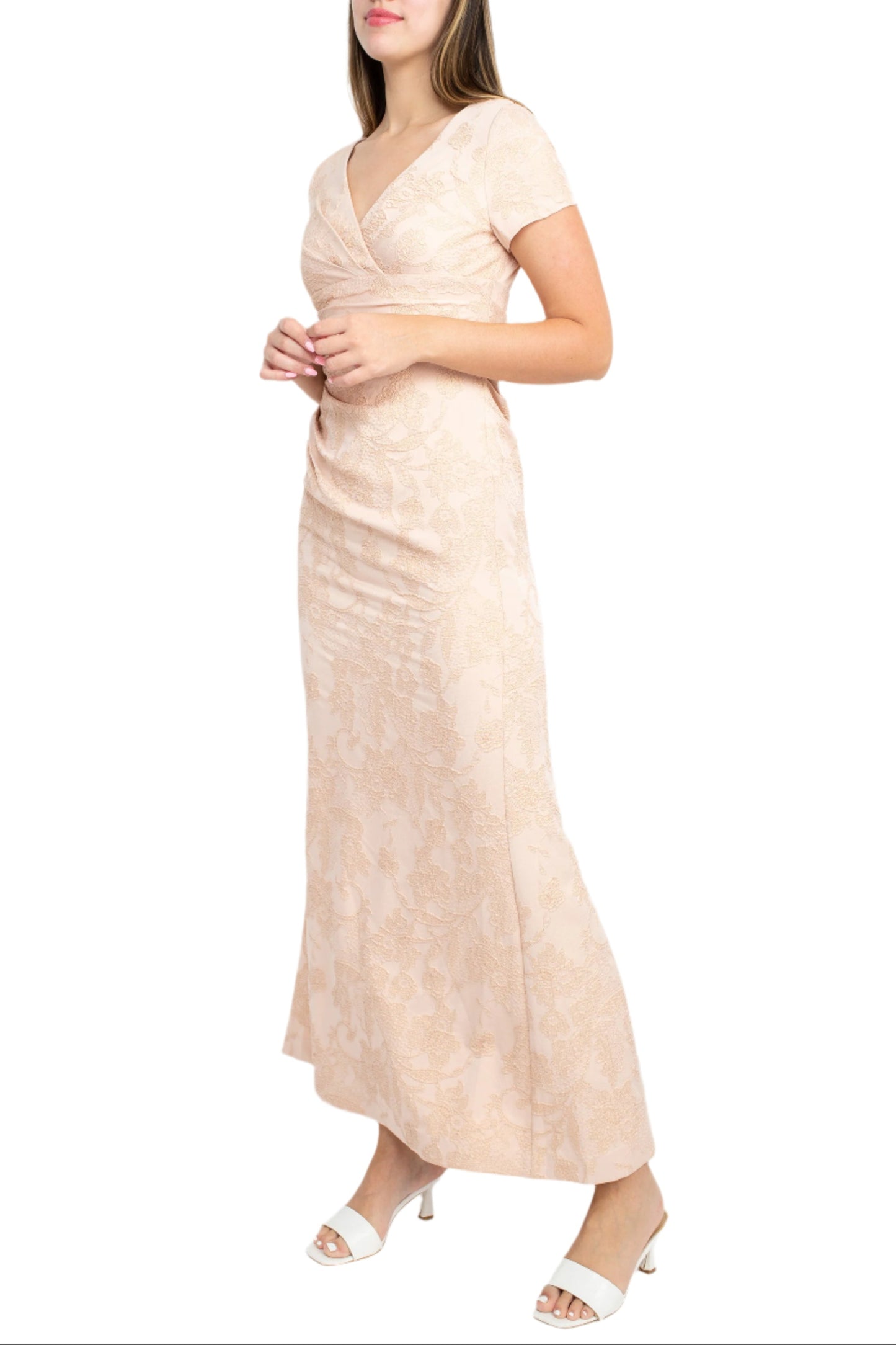 Adrianna Papell V-Neck Short Sleeve Pleated Gathered Side Zipper Back Matelasse Dress - BLUSH GOLD - Side