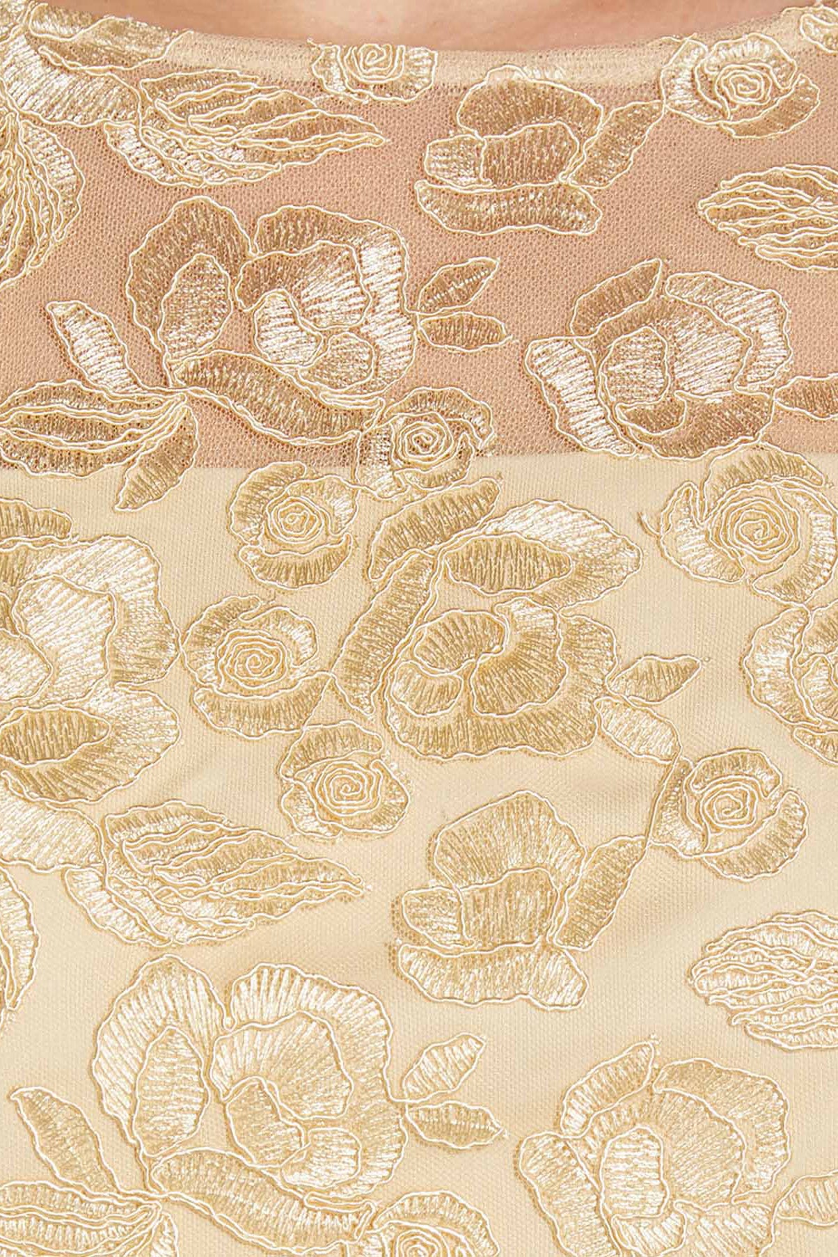 Adrianna Papell Boat Neck Back Zipper 3/4 Bell Sleeves Embroidered Long Dress - LIGHT CHAMPAGNE - Fabric