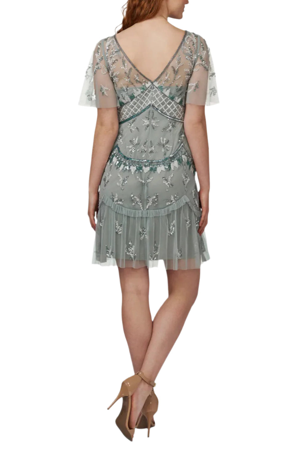 Adrianna Papell Boat Neck Flutter Sleeve Illusion Embellished Zipper Back Mesh Dress - FROSTED SAGE - Back