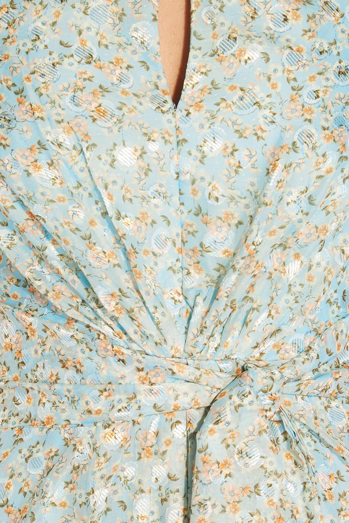 Adrianna Papell Boat Neck With Front Keyhole Back Zipper Flutter Short Sleeves Long Chiffon Dress - SKYWAY - Fabric