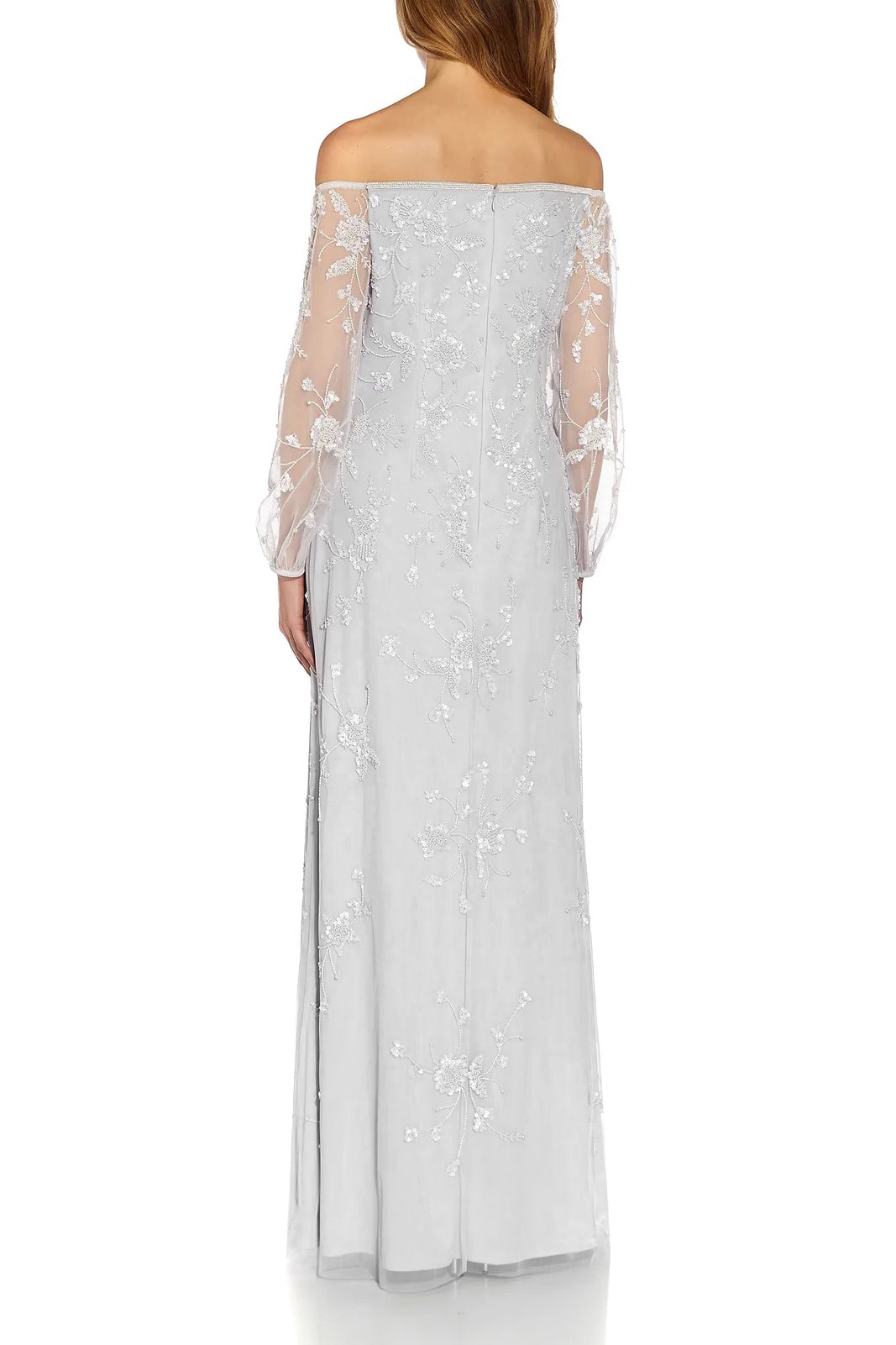 Adrianna Papell Off The Shoulder Long Sleeves Back Zipper Long Beaded Gown - IVORY BISCOTTI - BACK