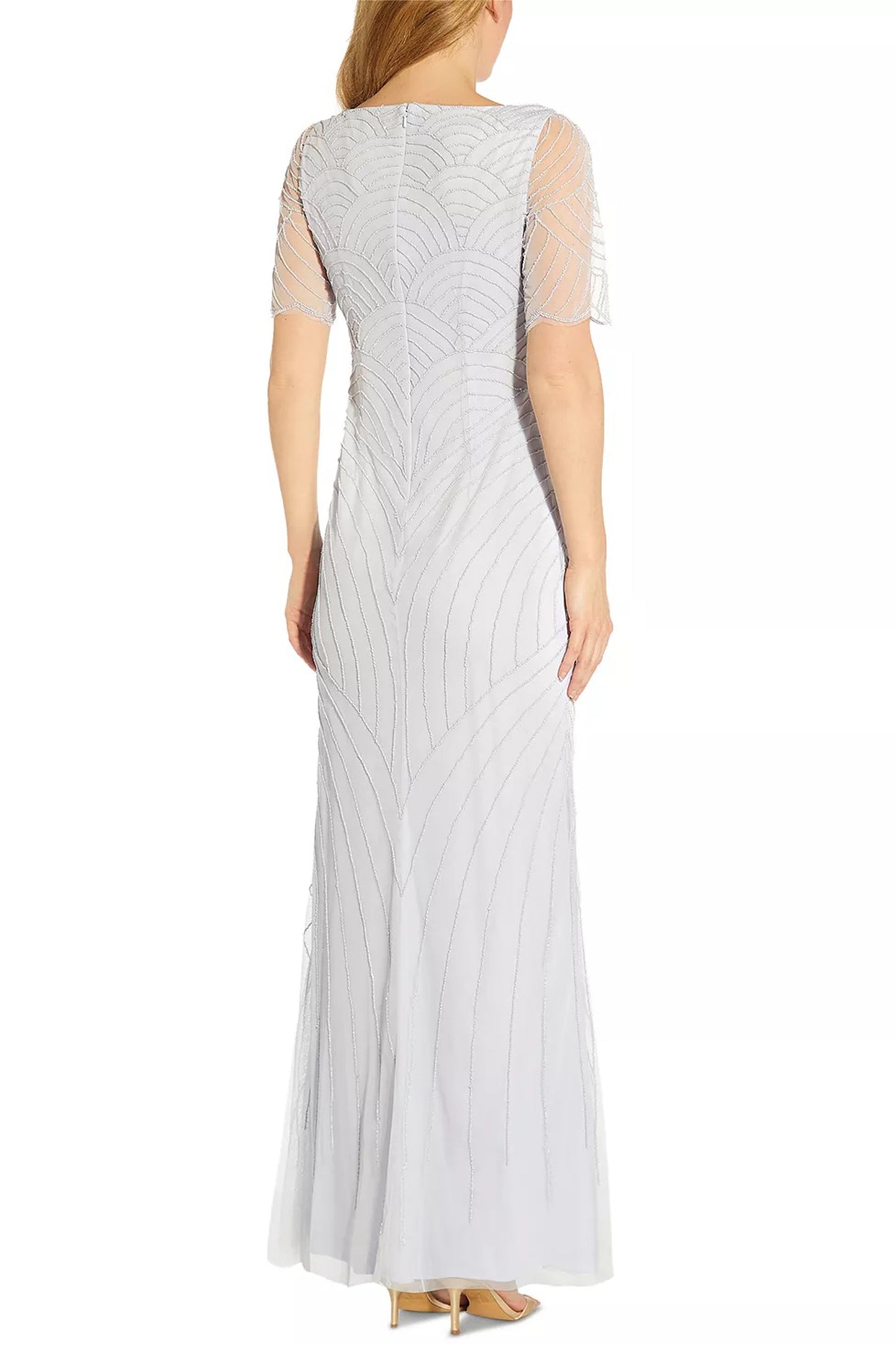 Adrianna Papell V-Neck Short Sleeve Beaded Zipper Back Mesh Dress - SERENITY - back