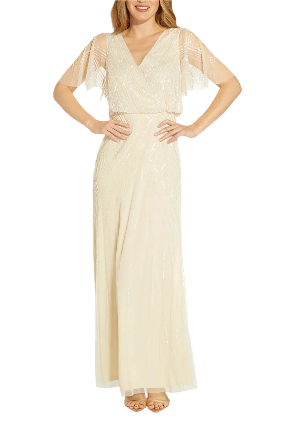 Adrianna Papell V Neck Beaded Flutter Sleeves Back Zipper Long Chiffon Dress - SANDSHELL - front