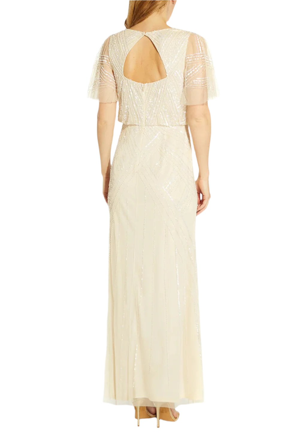 Adrianna Papell V Neck Beaded Flutter Sleeves Back Zipper Long Chiffon Dress - SANDSHELL - back