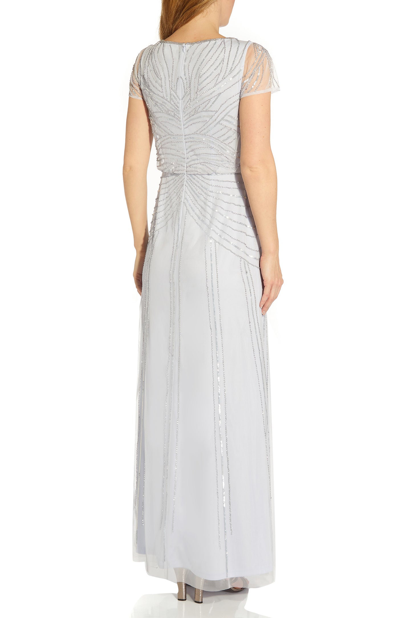 Adrianna Papell Round Neck Back Zipper Short Sleeves Long Gown - SERENITY - back